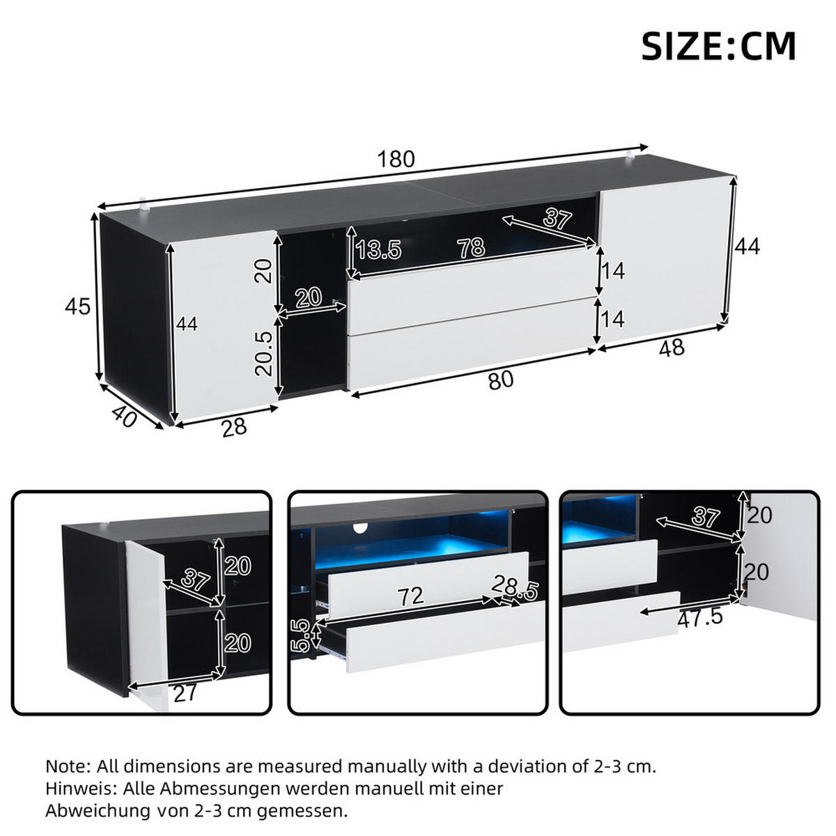 TV-SCHRANK 180x40cm Hochglanz Lowboard LED 2 Schubladen 2 Schränke Schwarz-Weiß - Weiß, Holz (52.76/21.51/59.16cm) - FLIEKS