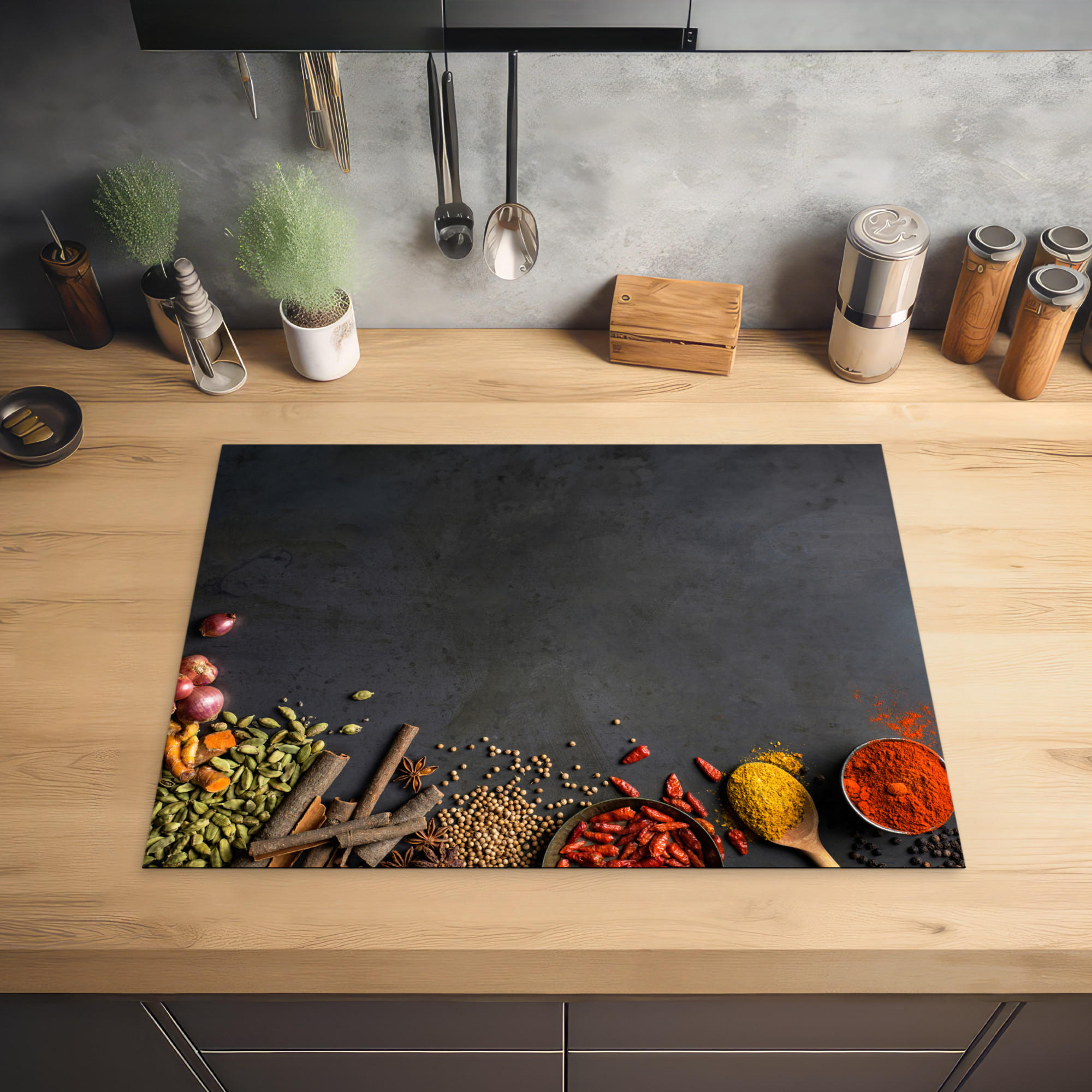 HERDABDECKPLATTE Kräuter - Lebensmittel - Gewürze - Schwarz - Paprika - Zimt 71x52 cm - Currygelb, Kunststoff (71/0.2/52cm) - MuchoWow