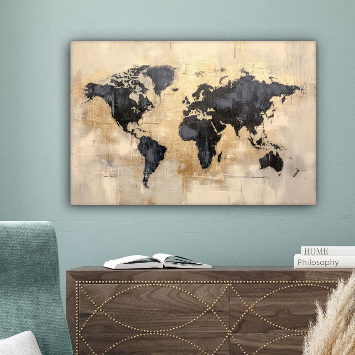 LEINWANDBILD Weltkarte - Gold - Schwarz - Abstrakt Gemälde 60x40 cm - Kupferfarben, Textil (60/40cm) - MuchoWow