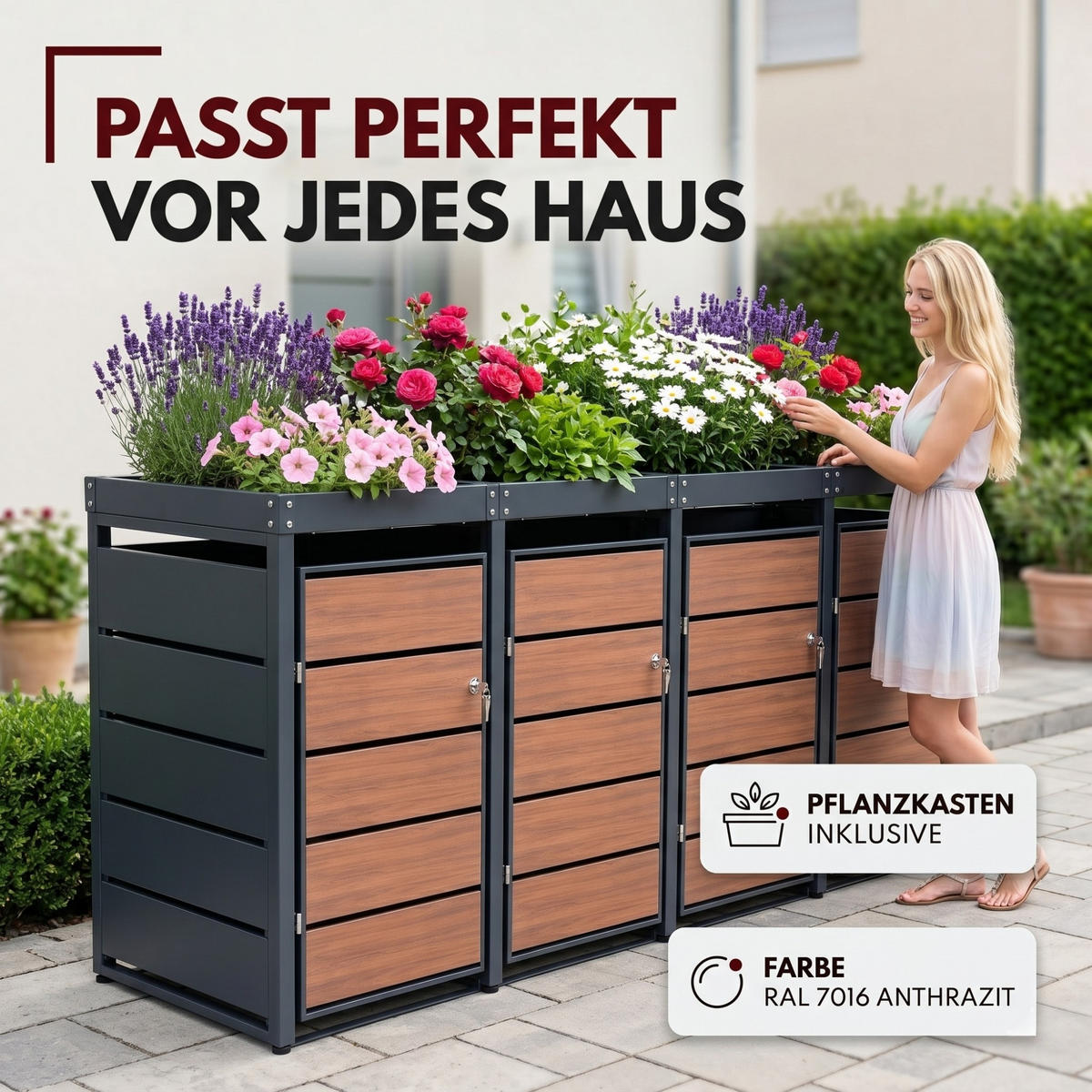 MÜLLTONNENBOX mit Pflanzkasten 4er, MTP4 - Anthrazit, Metall (260/116/80cm) - Albatros