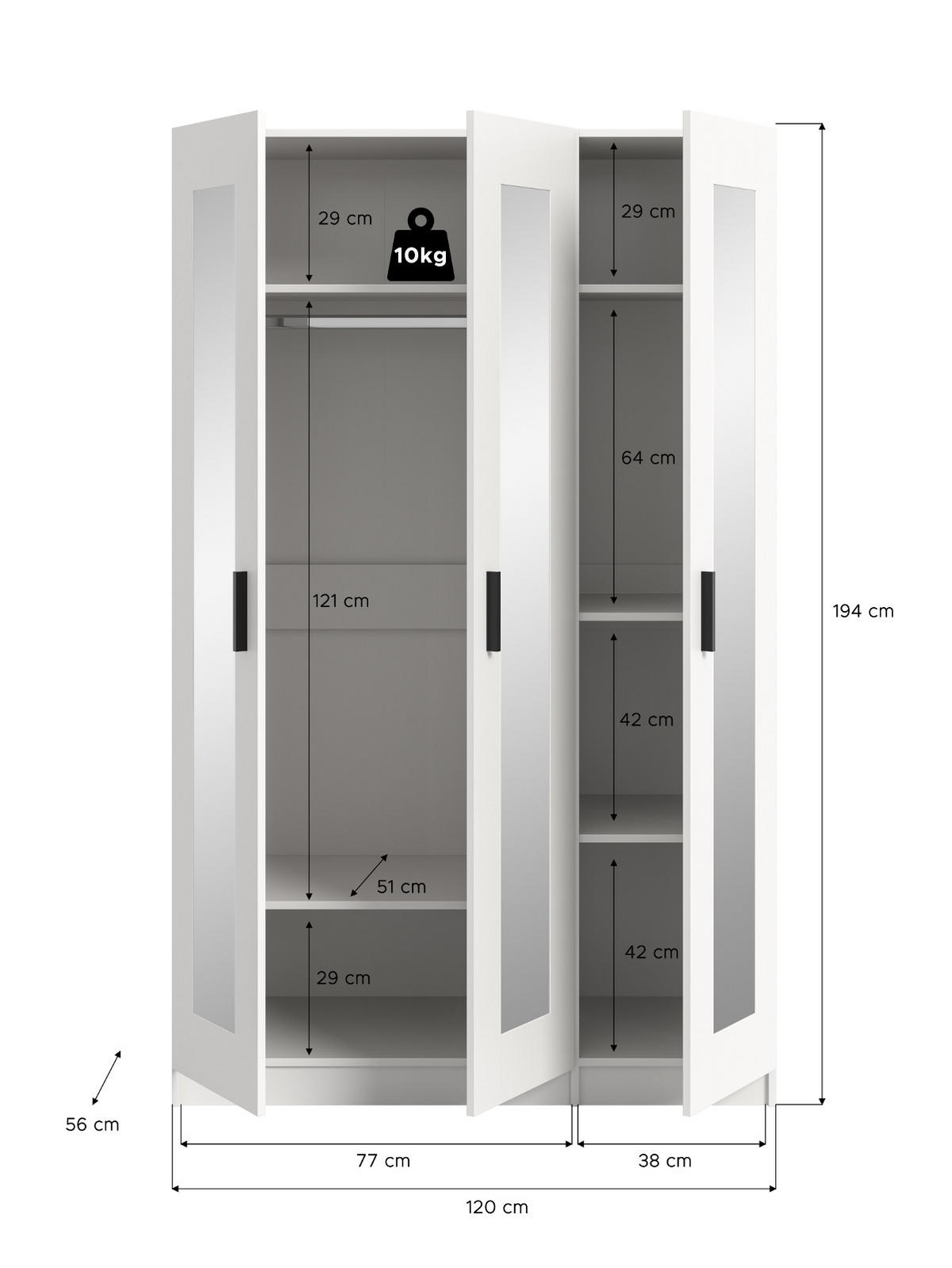 KLEIDERSCHRANK in weiß 120 x 194 cm skandinavisch, Drehtürenschrank 3-türig mit Spiegel - Schwarz/Weiß, Glas/Holzwerkstoff (120/194/56cm) - Inn.Furn