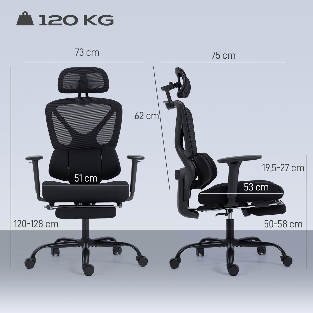 BÜROSTUHL ergonomisch mit Netzstoff, verstellbare Kopfstütze - Schwarz, Kunststoff/Textil (73/128/75cm) - HOMCOM