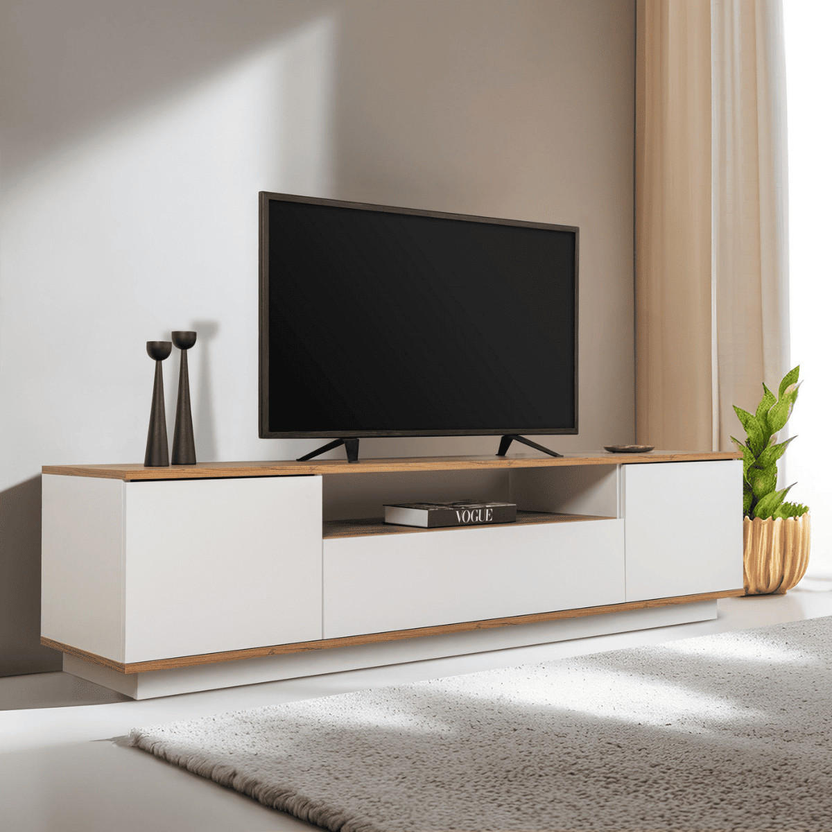 TV furniture with 3 folding doors and 1 niche, L180 cm - Weiß, Holzwerkstoff (44.5/44.6/12cm) - Calicosy