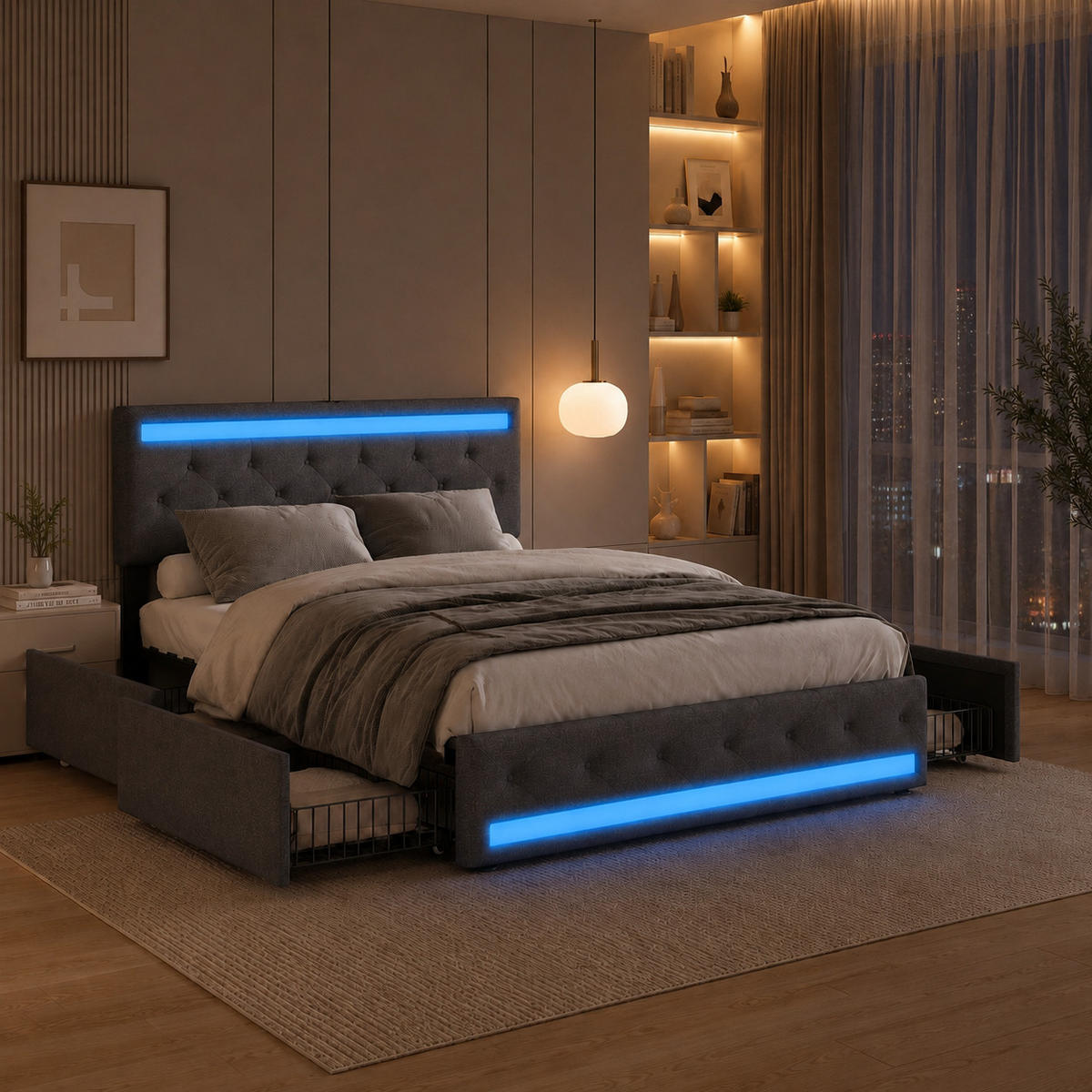 POLSTERBETT 180/200 cm in Grau mit LED-Kopf- und Fußteil, gemütlich und stilvoll - Dunkelgrau, Holz/Metall (180/200cm) - Joyfair