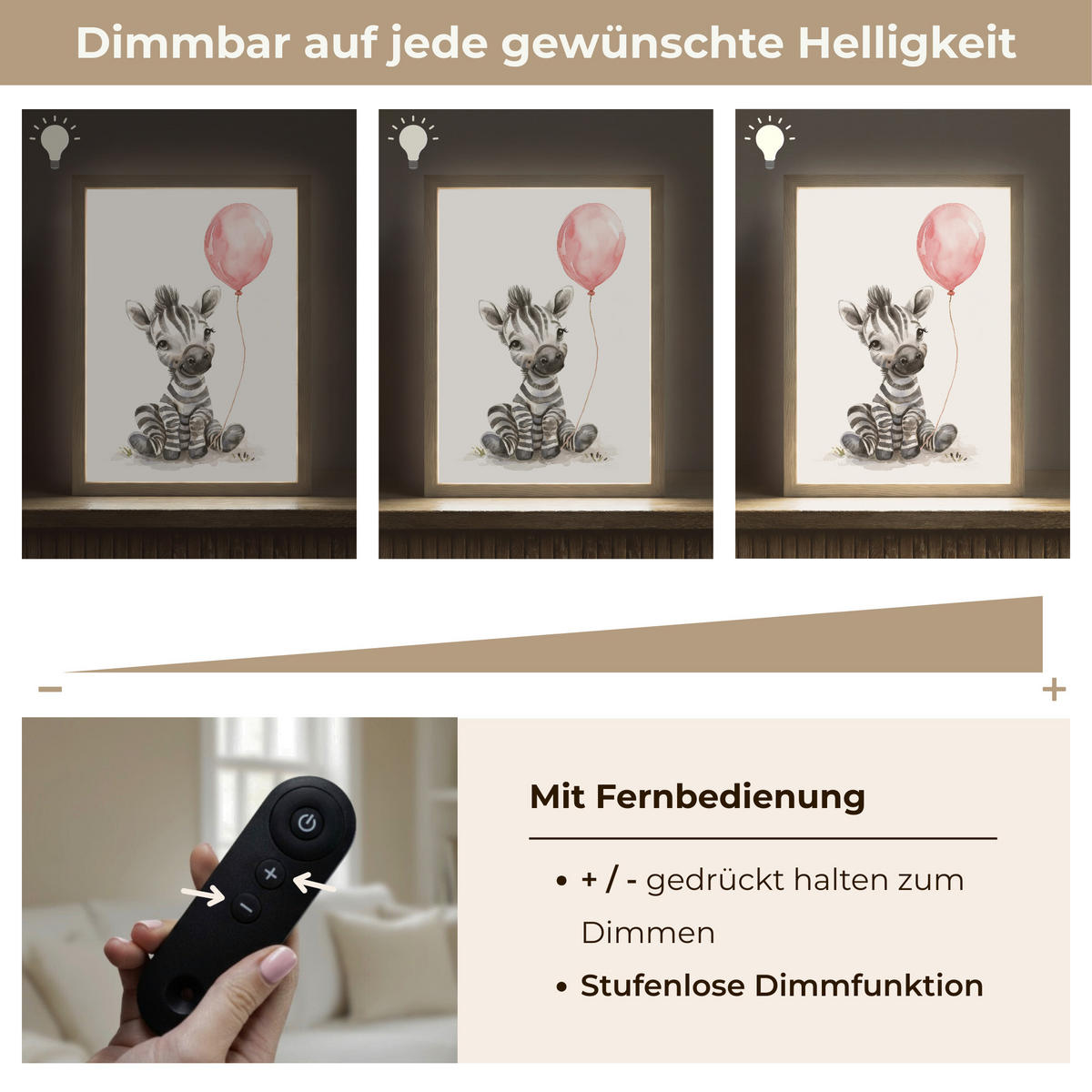 WANDLEUCHTE MIT AKKU Zebra - Baby - Tiere - Rosa Luftballon 30x40 cm - Weiß, Holzwerkstoff (30/40/8cm) - OnlyWow