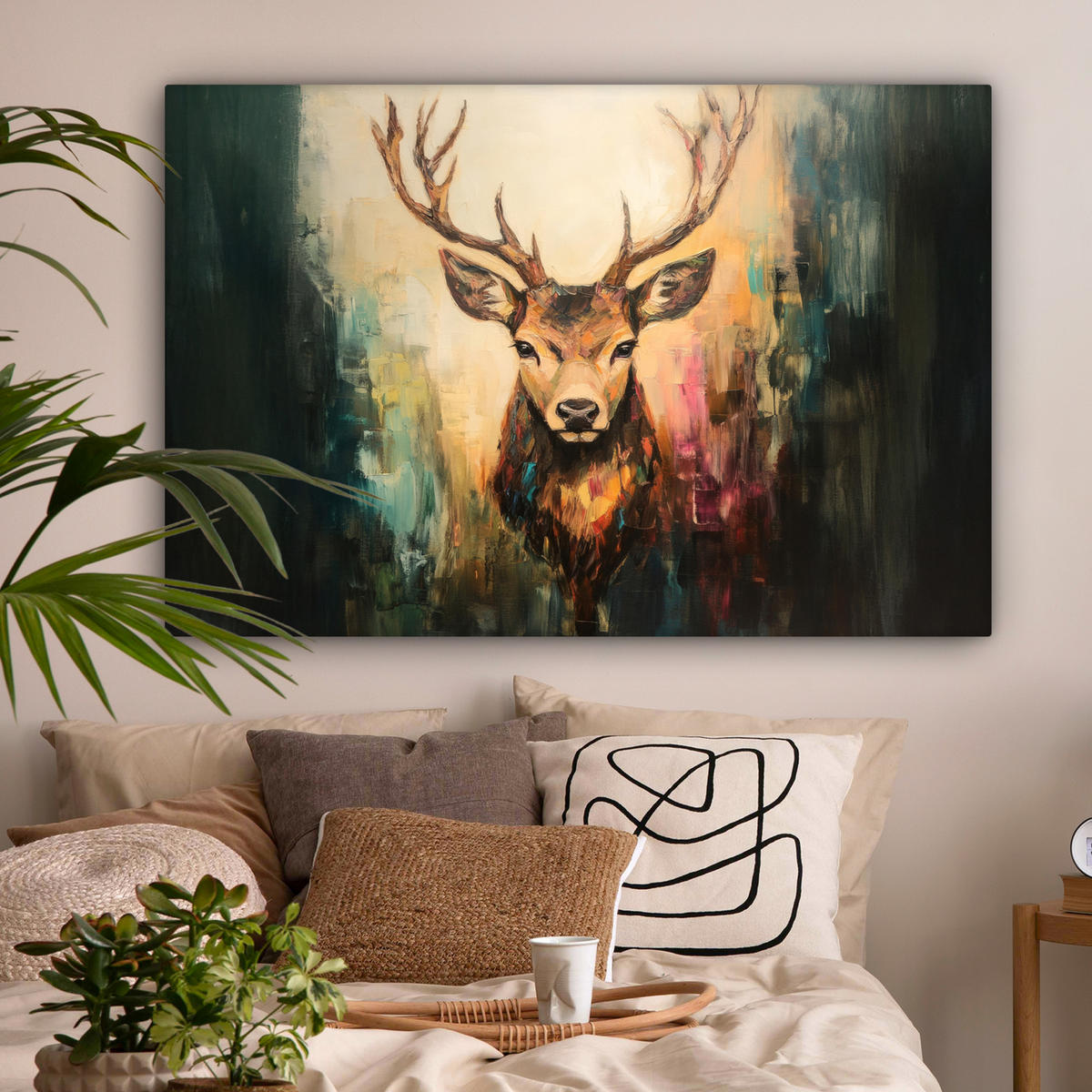 LEINWANDBILD Hirsch - Gemalt - Geweih - Braun Groß 140x90 cm - Haselnussfarben, Textil (140/90cm) - MuchoWow