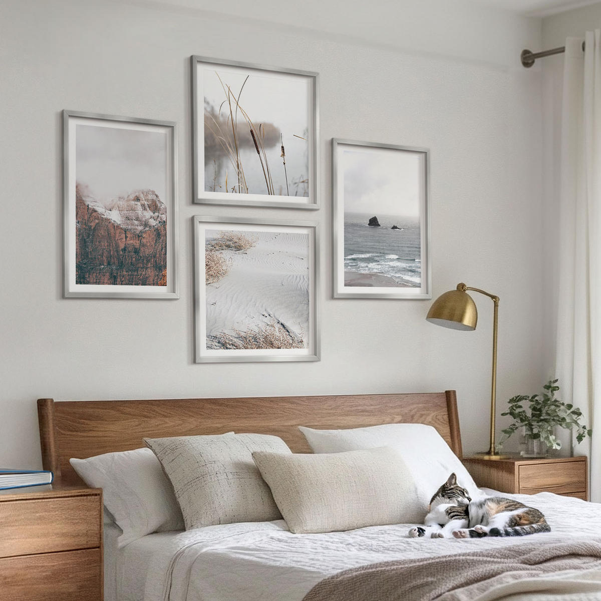 BILDER SET 4er Set - 50x50 cm & 40x60 cm Silberner Rahmen - Abstrakte Wellen, graue Pastellfarben - Silberfarben, Kunststoff (50/50cm) - TULUP