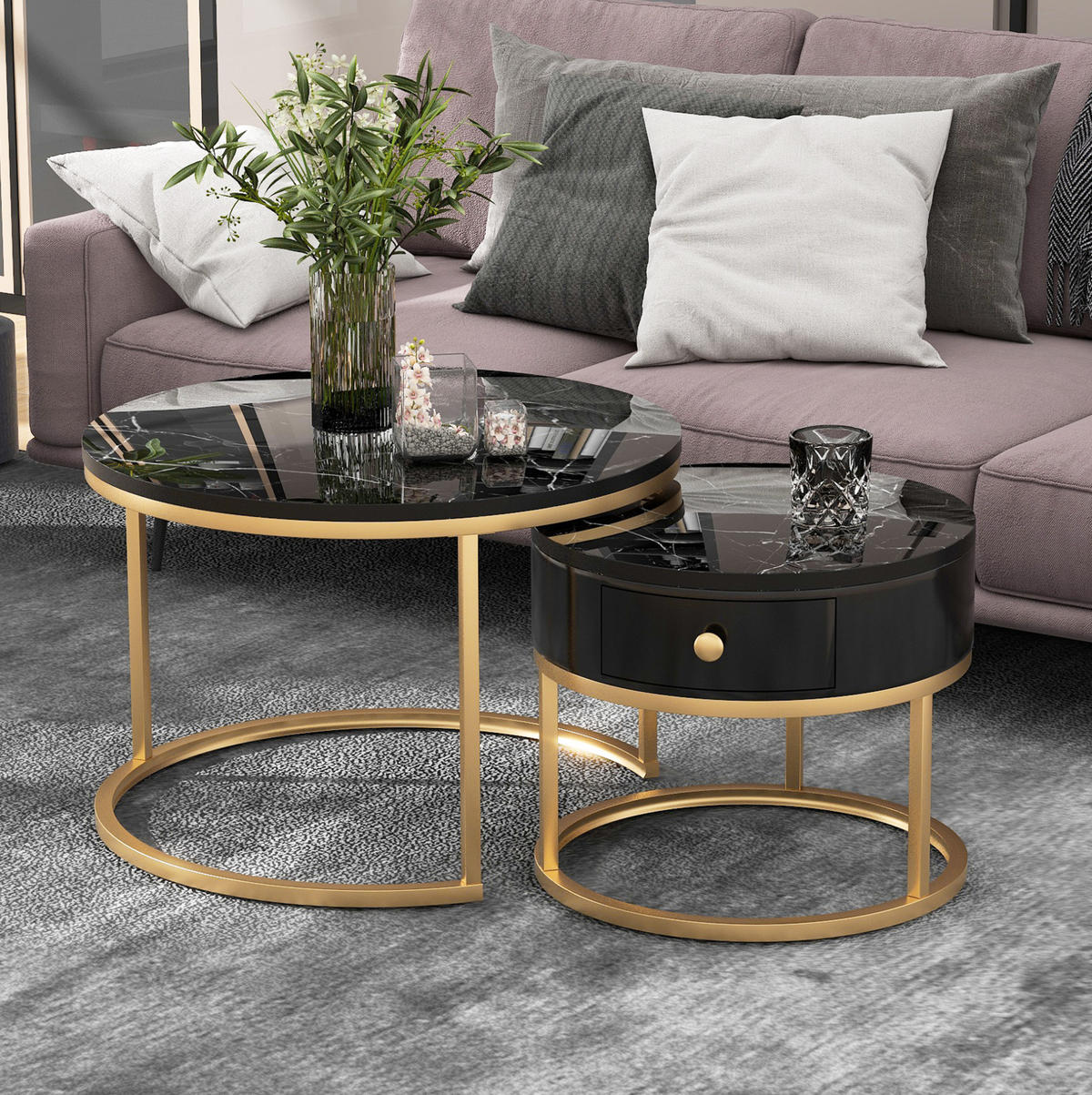 COUCHTISCH 70/50 cm in Schwarz aus MDF mit Hochglanz in Marmoroptik - Schwarz, Holzwerkstoff (70/70/48cm) - OKMYHOME