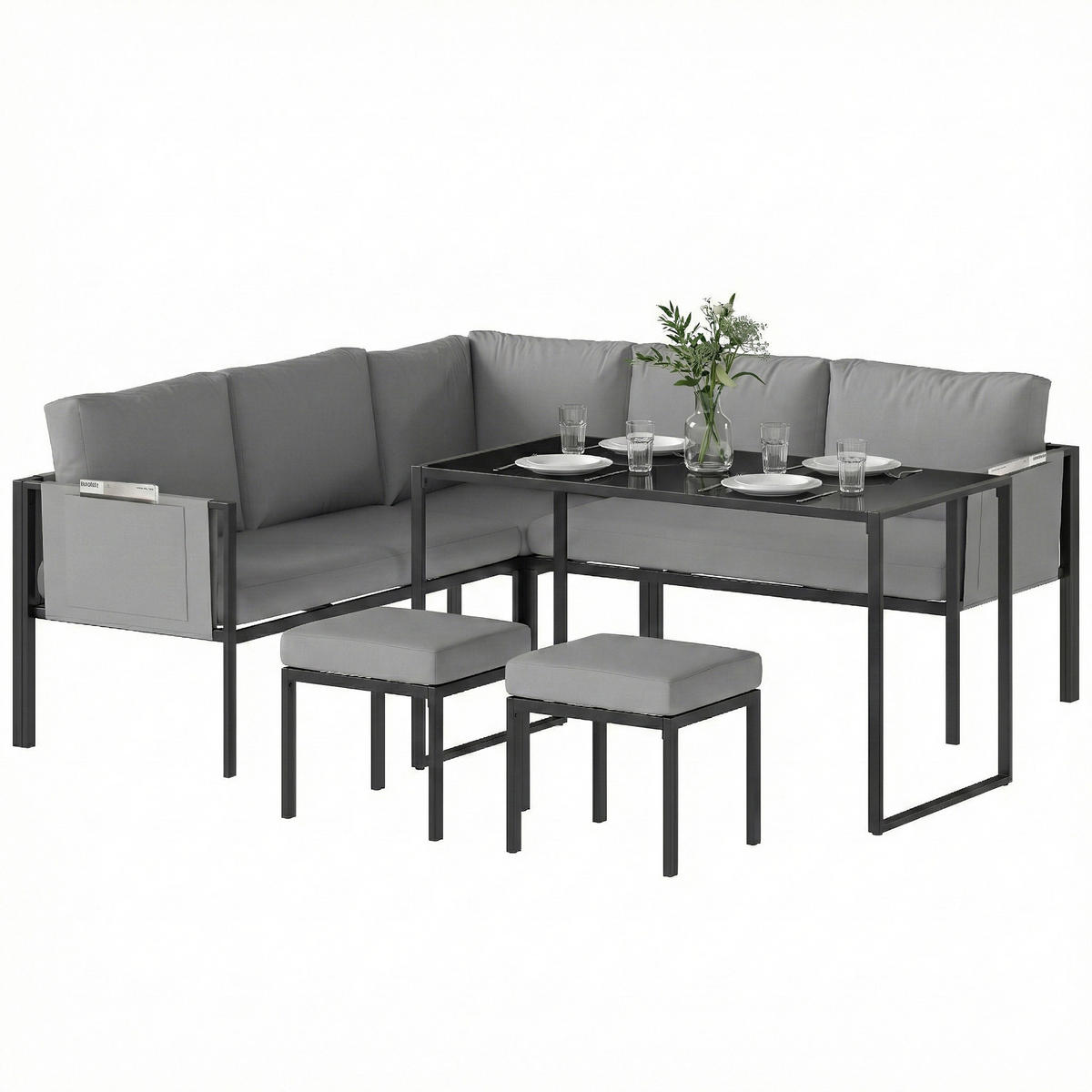 GARTENSET DE-13519 6-teilig mit Tisch & 2 Hockern Grau - Grau, Metall - ComfortXL