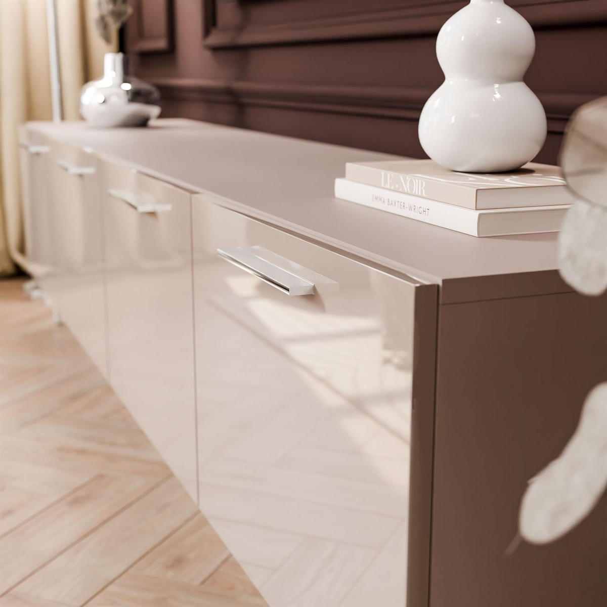 TV-ELEMENT AURA 200 KASCHMIR Hochglanz auf geraden silbernen Beinen - Kaschmir/Silberfarben, Holzwerkstoff (200/50/40cm) - Lookway