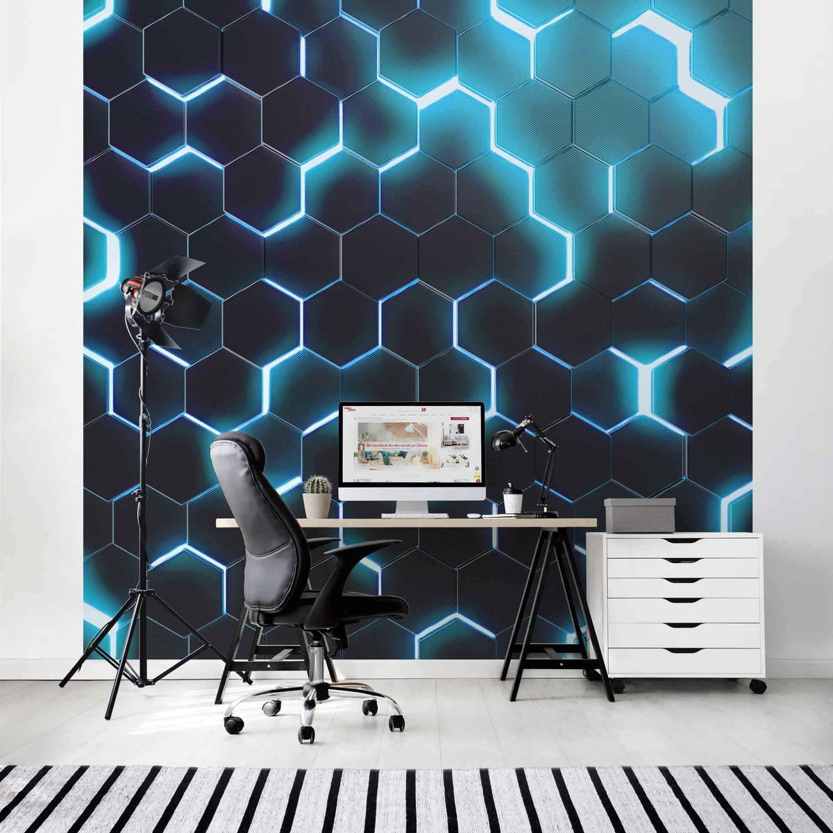 FOTOTAPETE Strukturierte Hexagone mit Neonlicht in Türkis 240/240 cm - Schwarz, Papier (240/240cm) - Bilderwelten