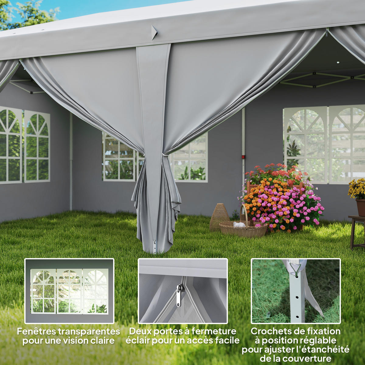 PAVILLON DE-14026 6/3 m, 4 Seitenwände, 4 Fenster Hellgrau - Hellgrau, Textil (295/270/585cm) - ComfortXL