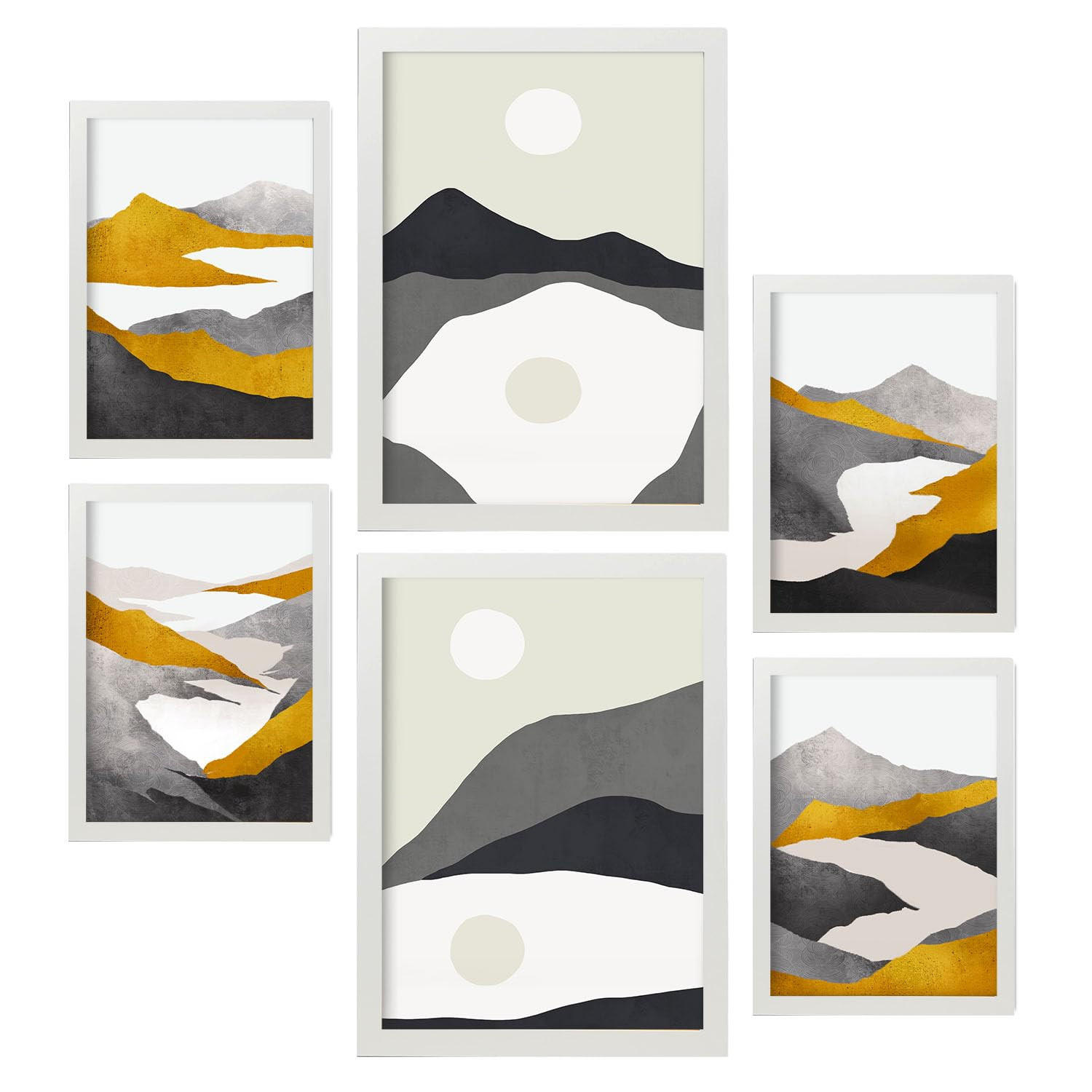 POSTER Set Mit 6 Bergrahmen In Kulissen Abstracts Ästhetische Dekorative Gemälde Für Ihr Wohnzimmer, Schlafzimmer, Zuhause A3 & A4 Weißer Rahmen - Weiß, Papier (29/3cm) - Nacnic