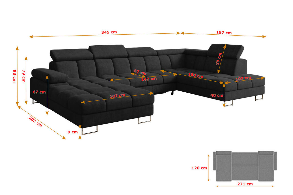 WOHNLANDSCHAFT mit Schlaffunktion und Bettkasten Ottomane RECHTS COMA U 345x203x79 Schwarz Velours - Schwarz, Holzwerkstoff/Textil (203/79/345cm) - ALTDECOR