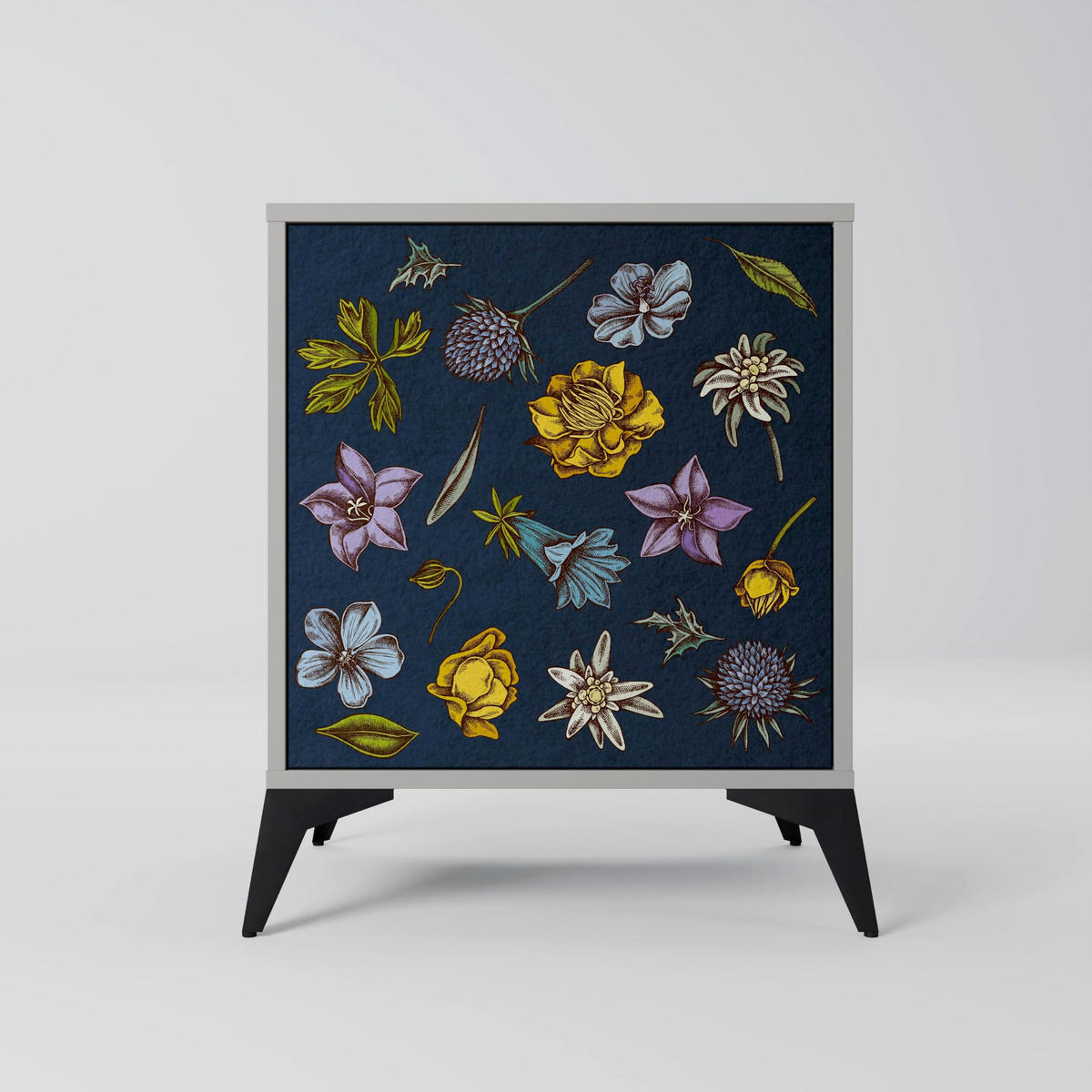 SIDEBOARD FLOWERS ON NAVY BLUE, Grau, 57,5x42x70,5 cm, Schwarze Metall-Sternfüße - Multicolor/Schwarz, Holzwerkstoff/Metall (57.5/70.5/42cm) - SpaceRebels