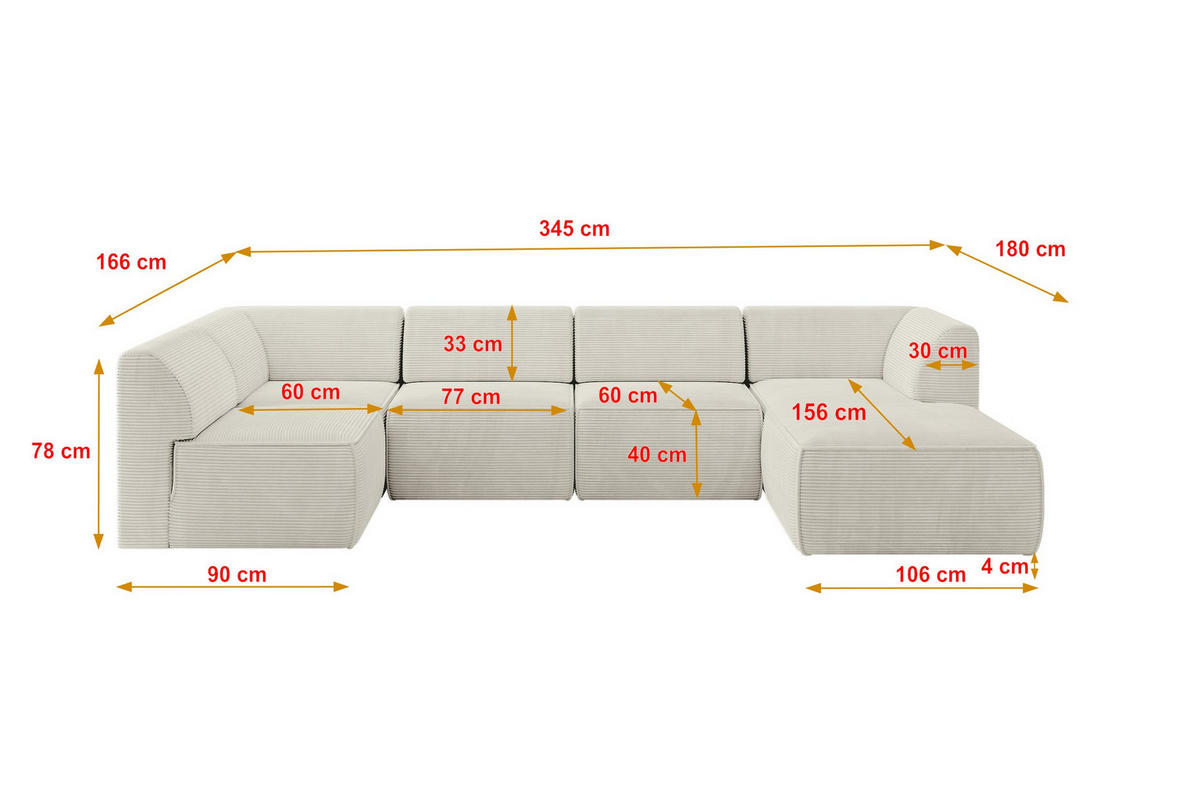 WOHNLANDSCHAFT Ottomane Rechts MOVO-L 345x180x78 cm Cream Cord - Creme/Schwarz, Holzwerkstoff/Kunststoff (345/78/180cm) - ALTDECOR