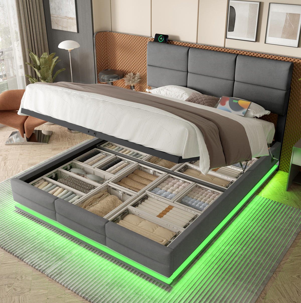 BETT mit Stauraum 180x200 cm Samt Grau mit LED und USB - Dunkelgrau, Metall (180/200cm) - Meubliv