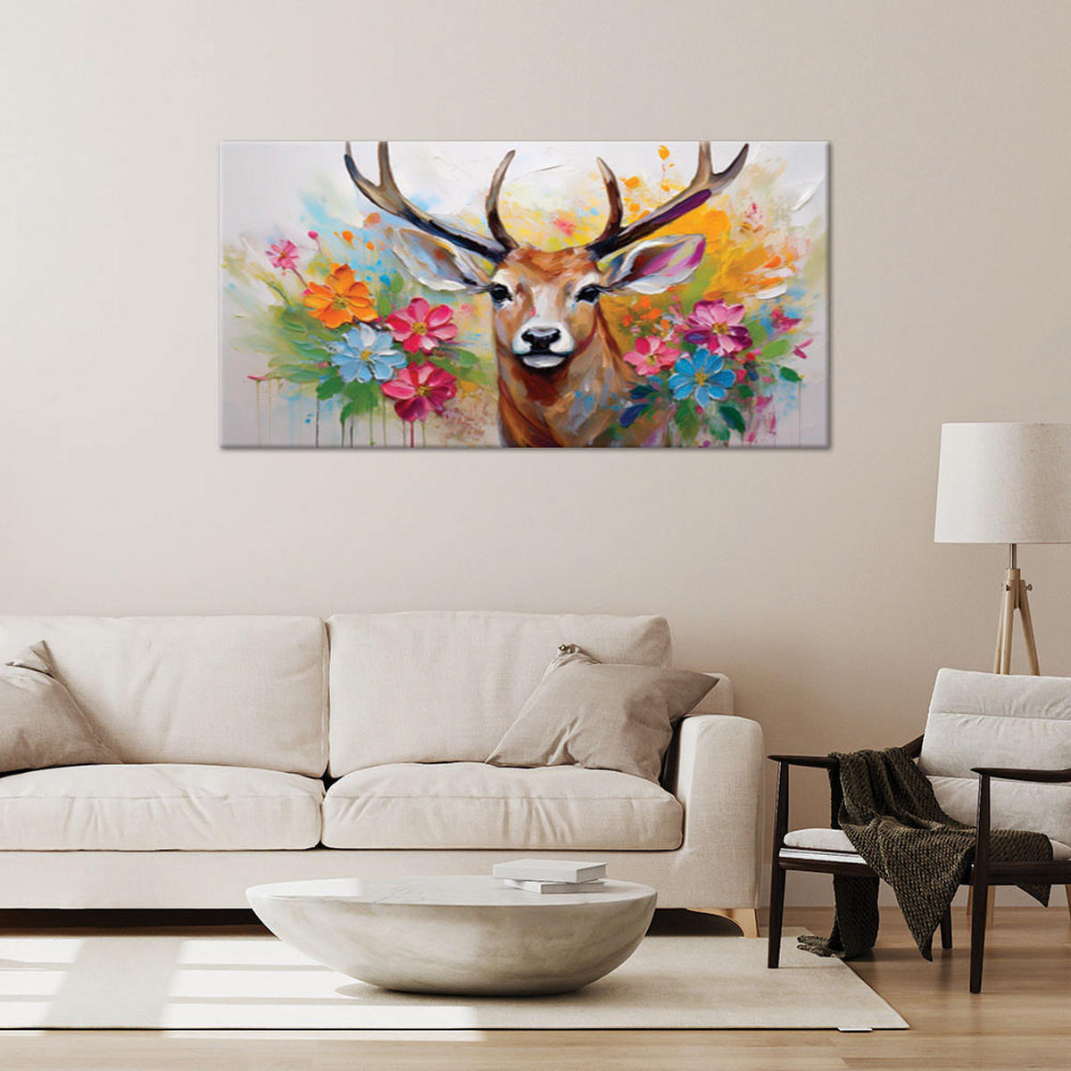 LEINWANDBILD Hirschblumen abstrakte Tiere 80x40cm - Multicolor, Textil (80/40cm) - Feeby
