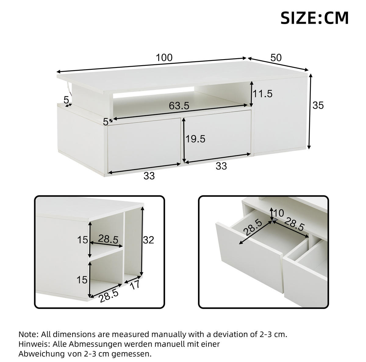 COUCHTISCH aus Spanplatte 100x50x35 cm in Weiß mit LED-Beleuchtung - Weiß, Holzwerkstoff (100/50/35cm) - Modfu