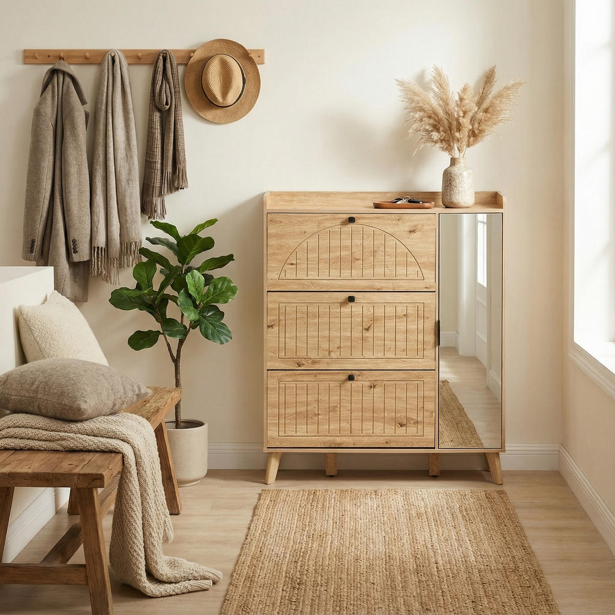 SCHUHKIPPER 110 cm in Holz-Optik - Naturfarben, Holzwerkstoff (110/137.5/24cm) - Urban Meuble