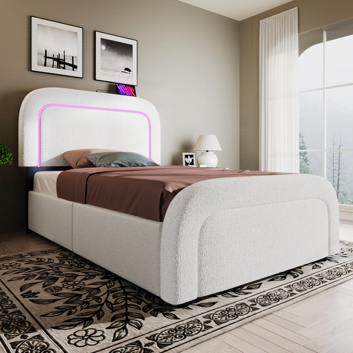 BETT mit Matratze, USB-C, LED und 2 Schubladen 90x200 cm Sherpa Weiß - Weiß, Metall (90/200cm) - Meubliv