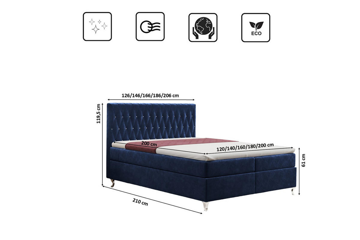 BOXBETT Mit Bettkasten Und Matratze KATE Stoff Riviera Blau 200x200 cm H3-Bonell - Blau, Holz/Textil (200/200cm) - Kaiser Möbel