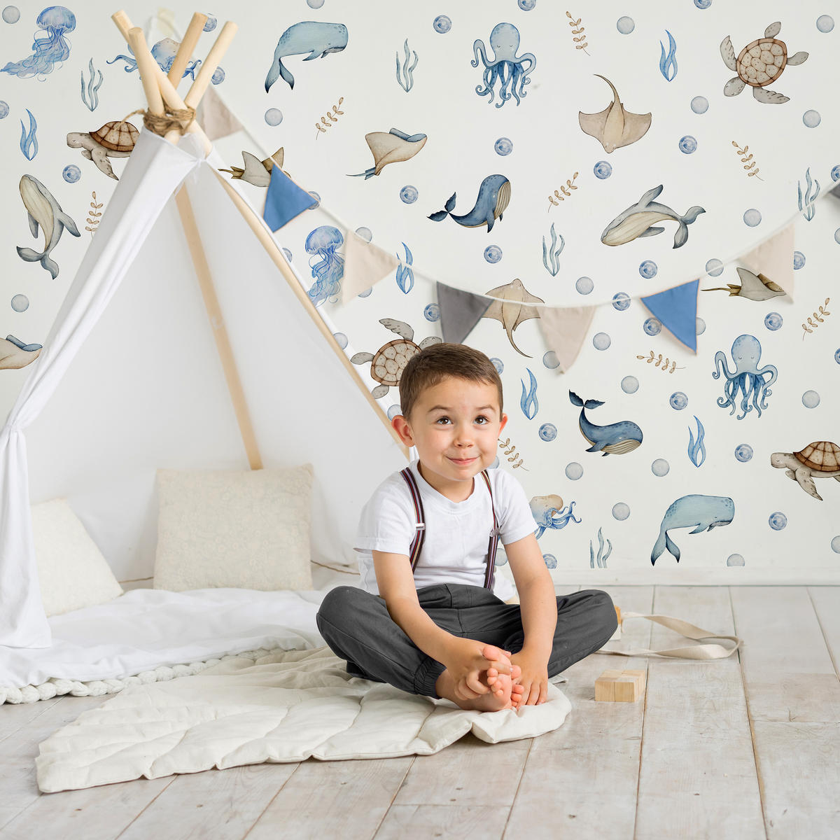 WANDAUFKLEBER SET für Kinder Meerestiere Pflanzen 120x60 - Beige/Braun, Papier (120/60/1cm) - Muralo