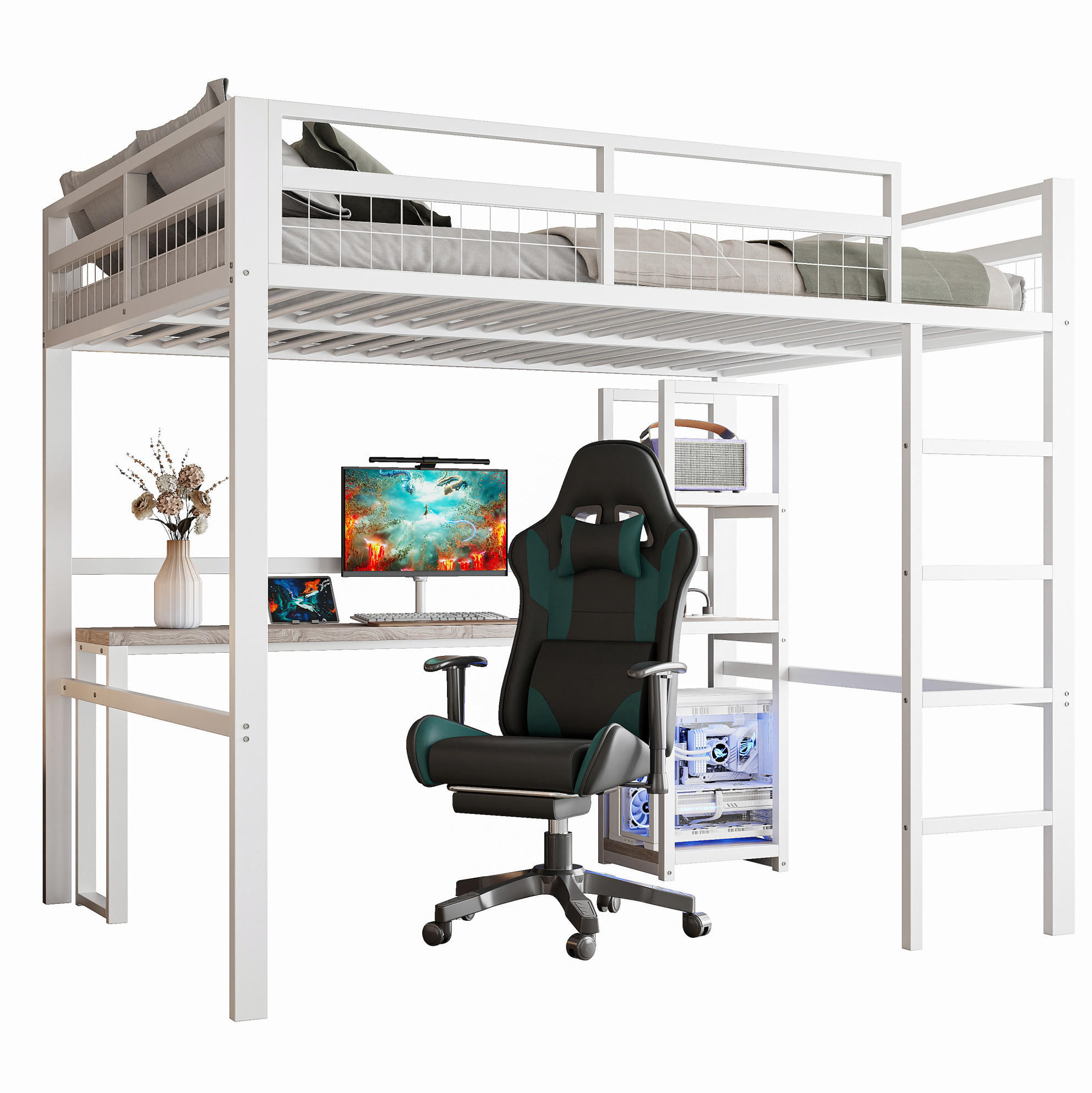 HOCHBETT 140/200 cm in Weiß – mit Schreibtisch, Regalen und Leiter - Weiß, Metall (140/200cm) - BEAOK