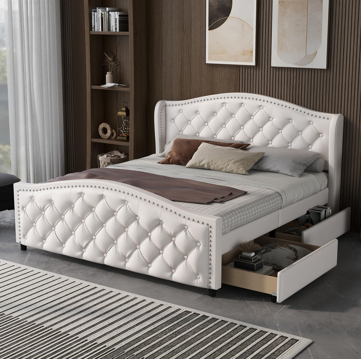 POLSTERBETT 140/200 cm Weiß Chesterfield mit Stauraum und Lattenrost aus PU - Weiß, Kunststoff (140/200cm) - OKWISH