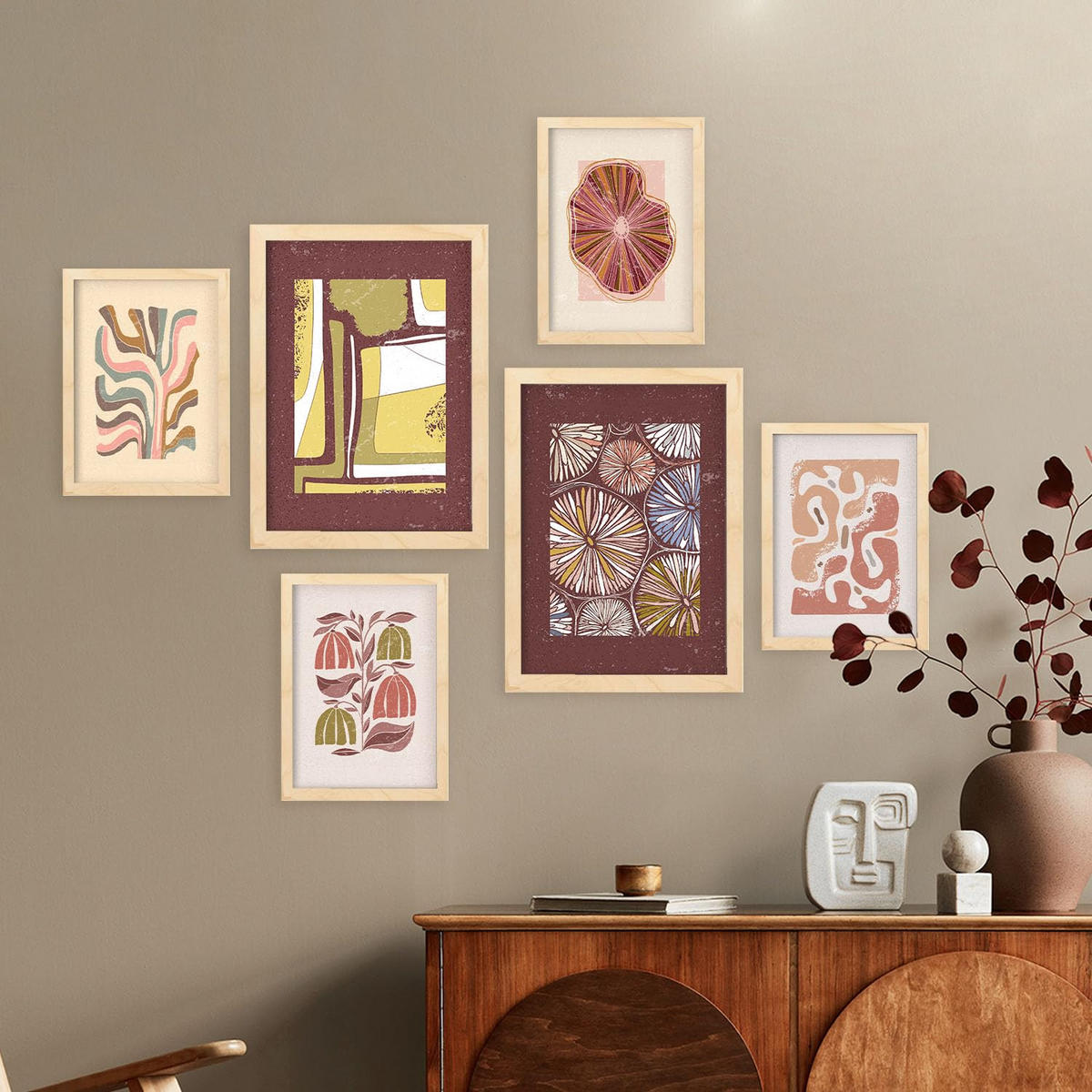 POSTER Set Mit 6 Drucken Mit Bürgersteig In Der Sammlung Ethnischer Stil A3 & A4 Rahmen Aus Hellem Holz - Beige, Papier (29/3cm) - Nacnic