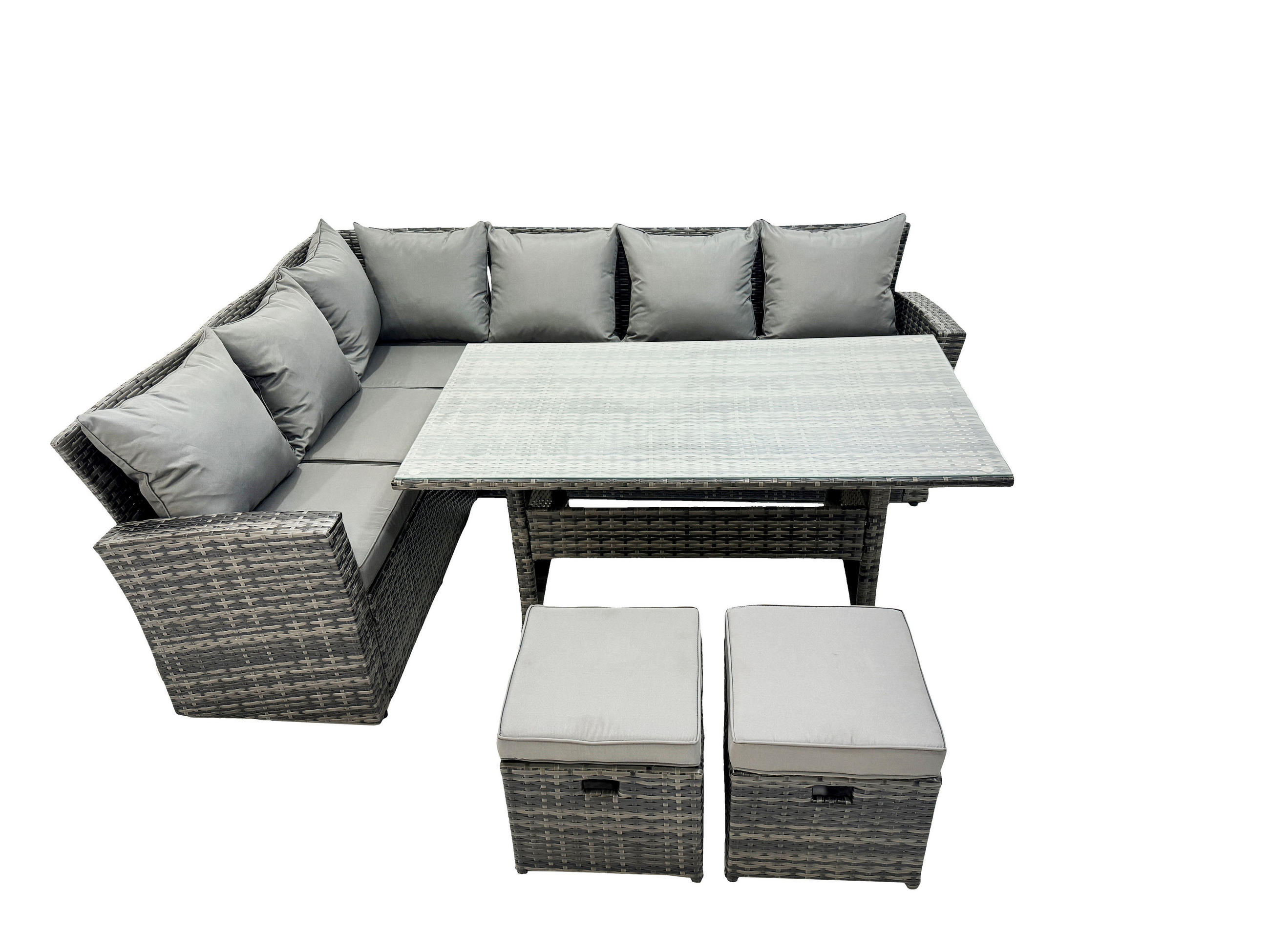 BALKONMÖBEL-SETS mit Ecksofa,Rechteckiger Esstisch,2 Hocker Polyrattan Dunkelgrau 8-Sitzer - Dunkelgrau/Grau, Glas/Kunststoff - Fimous