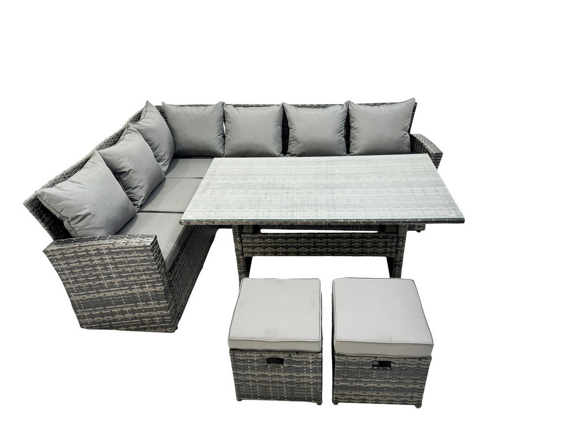 BALKONMÖBEL-SETS mit Ecksofa,Rechteckiger Esstisch,2 Hocker Polyrattan Dunkelgrau 8-Sitzer - Dunkelgrau/Grau, Glas/Kunststoff - Fimous