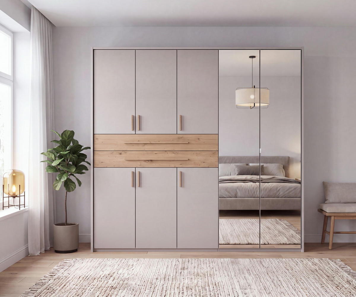 SKŘÍŇ S OTOČNÝMI DVEŘMI B228/H210/T58 cm, béžovo-šedá, s paspartou, 2 zrcadlové dveře, 2 velké zásuvky a úchytky v dekoru dub Artisan / 22639 - šedobéžová/dub artisan, kompozitní dřevo/plast (228/210/58cm) - luma-home