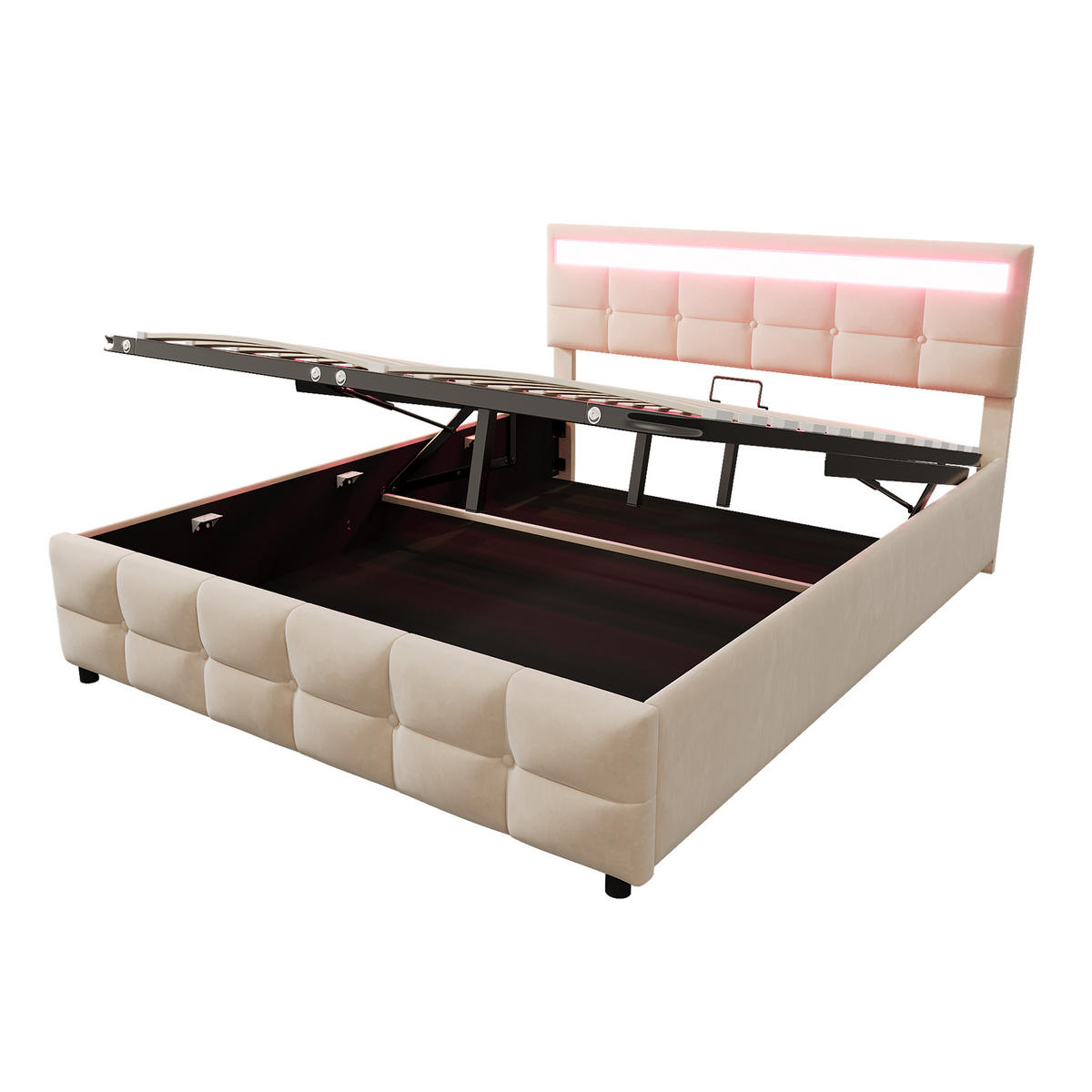 POLSTERBETT 180x200 Beige Samt LED Stauraum - Beige, Textil (180/200cm) - FLIEKS