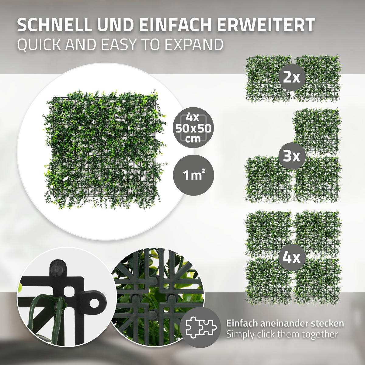 UMĚLÉ rostliny, nástěnný panel, sada 4 ks, Pachysandra 50x50 cm, zelená, z plastu - zelená barva, plast (50/50/8cm) - ECD-Germany