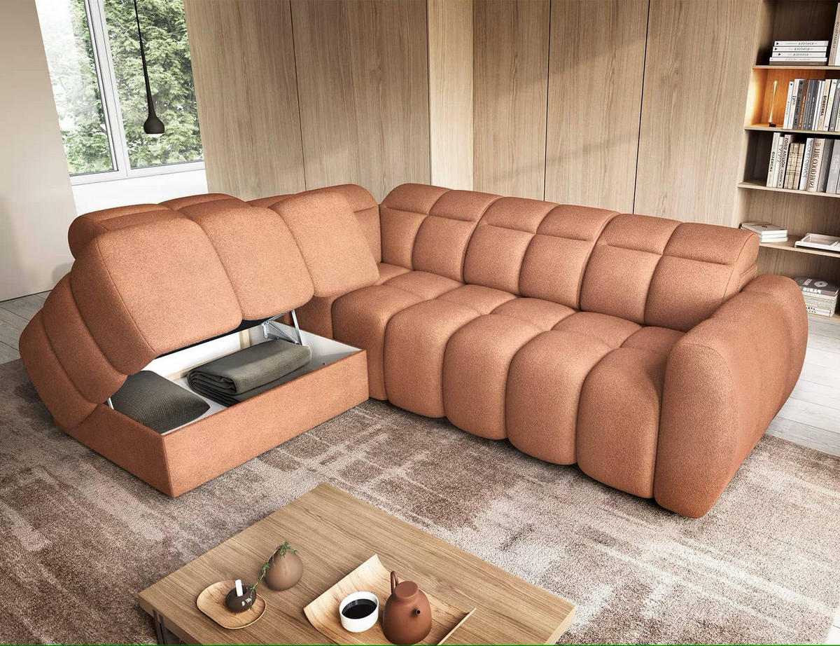 ECKSOFA mit elektrischem Sitzvorschub, Bettkasten und verstellbare Kopflehnen - Kupferfarben, Naturmaterialien/Textil (258/208cm) - Eltap