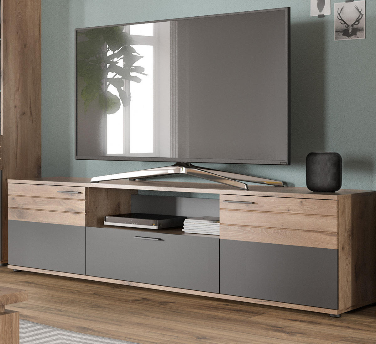 TV-LOWBOARD Eiche, grau 194 cm, XL Flat TV Unterschrank mit Soft-Close - Eichefarben/Schwarz, Holzwerkstoff/Kunststoff (194/53/47cm) - Inn.Furn