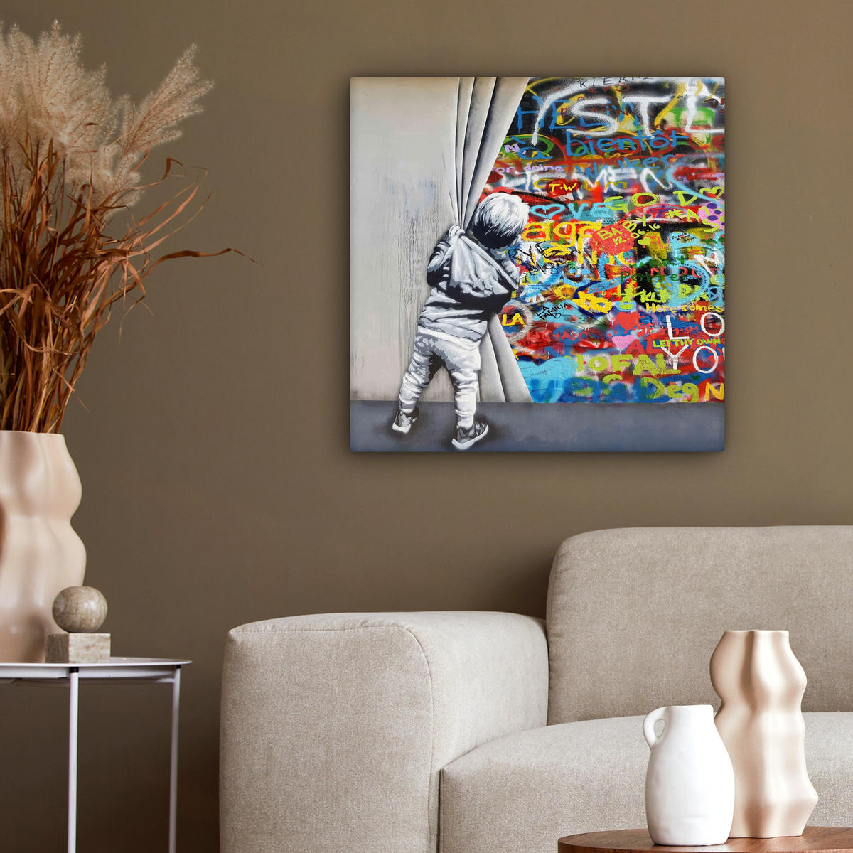 LEINWANDBILD Graffiti - Junge - Ilussie - Straßenkunst 50x50 cm - Hellgrau, Textil (50/50cm) - MuchoWow