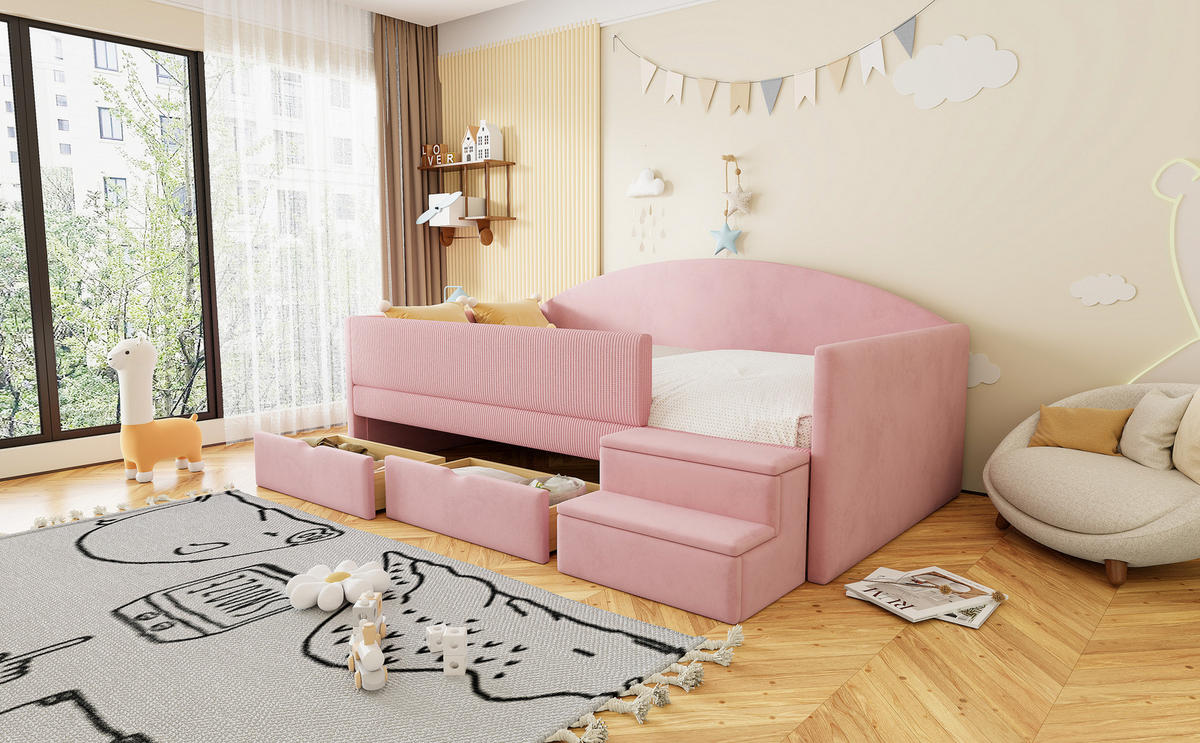POLSTERBETT 90/190 cm in Rosa mit 2 Schubladen und Stufen, Samt - Rosa, Holzwerkstoff/Textil (90/190cm) - CHICFURN