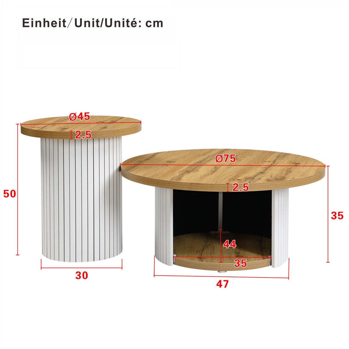 COUCHTISCH in Naturfarben Wohnzimmertisch- Set mit 2 runden Tischen,B75/T75/H50cm und B45/T45/H35cm - Weiß/Naturfarben, Holzwerkstoff (75/75/50cm) - STILVORA
