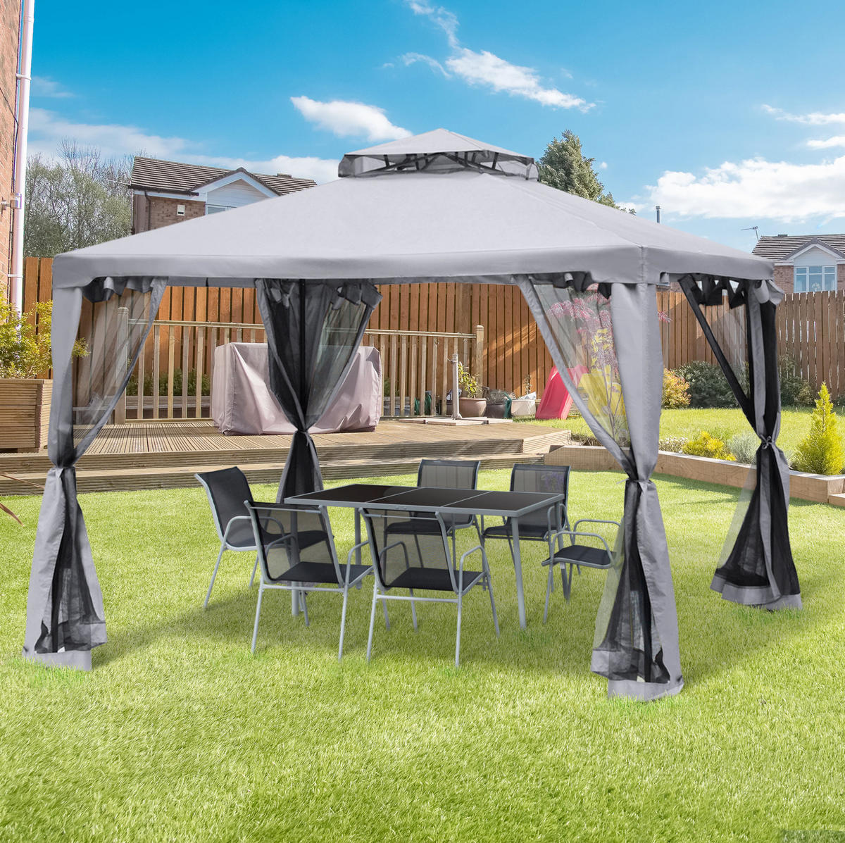 PAVILLONS aus Polyester 294x294x265 cm in Grau mit 4 Seitenteilen - Grau, Textil (294/265/294cm) - Modfu