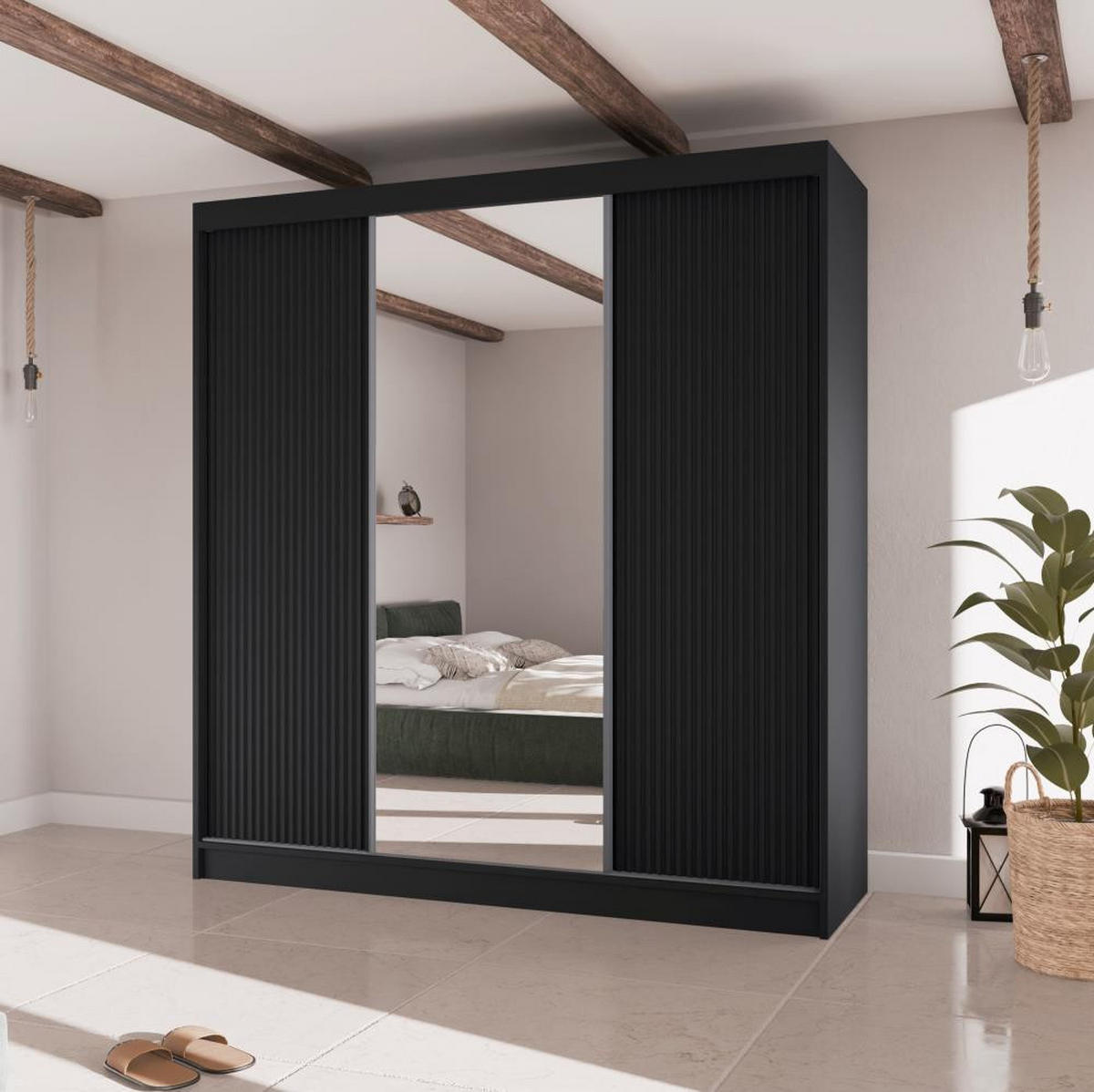 SCHWEBETÜRENSCHRANK Ramos II 200/61/215 schwarz - Schwarz, Holzwerkstoff (200/215/61cm) - Beautysofa