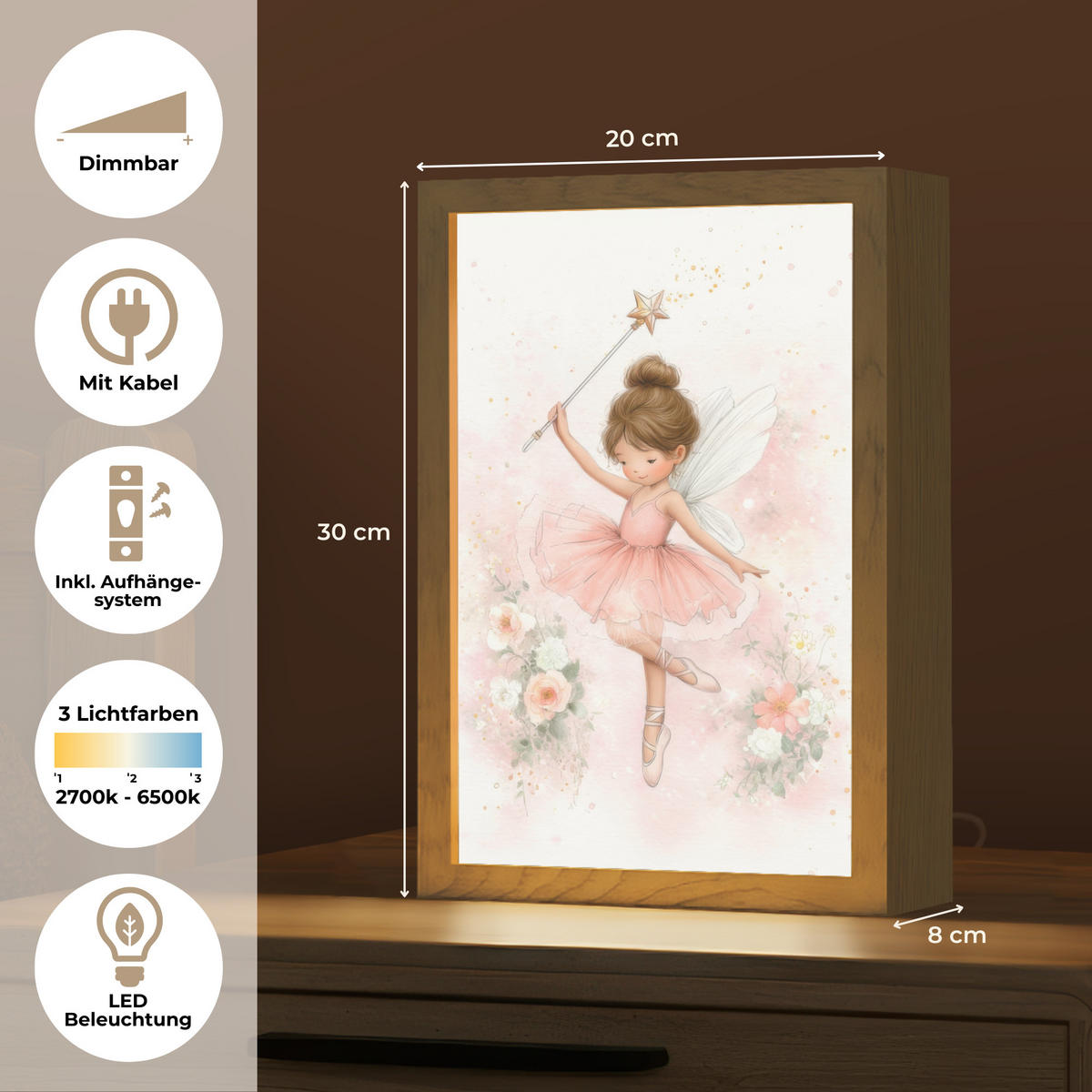 NACHTTISCHLAMPE Ballerina - Fee - Blumen - Rosa 20x30 cm - Rosa, Holzwerkstoff (8/20/30cm)