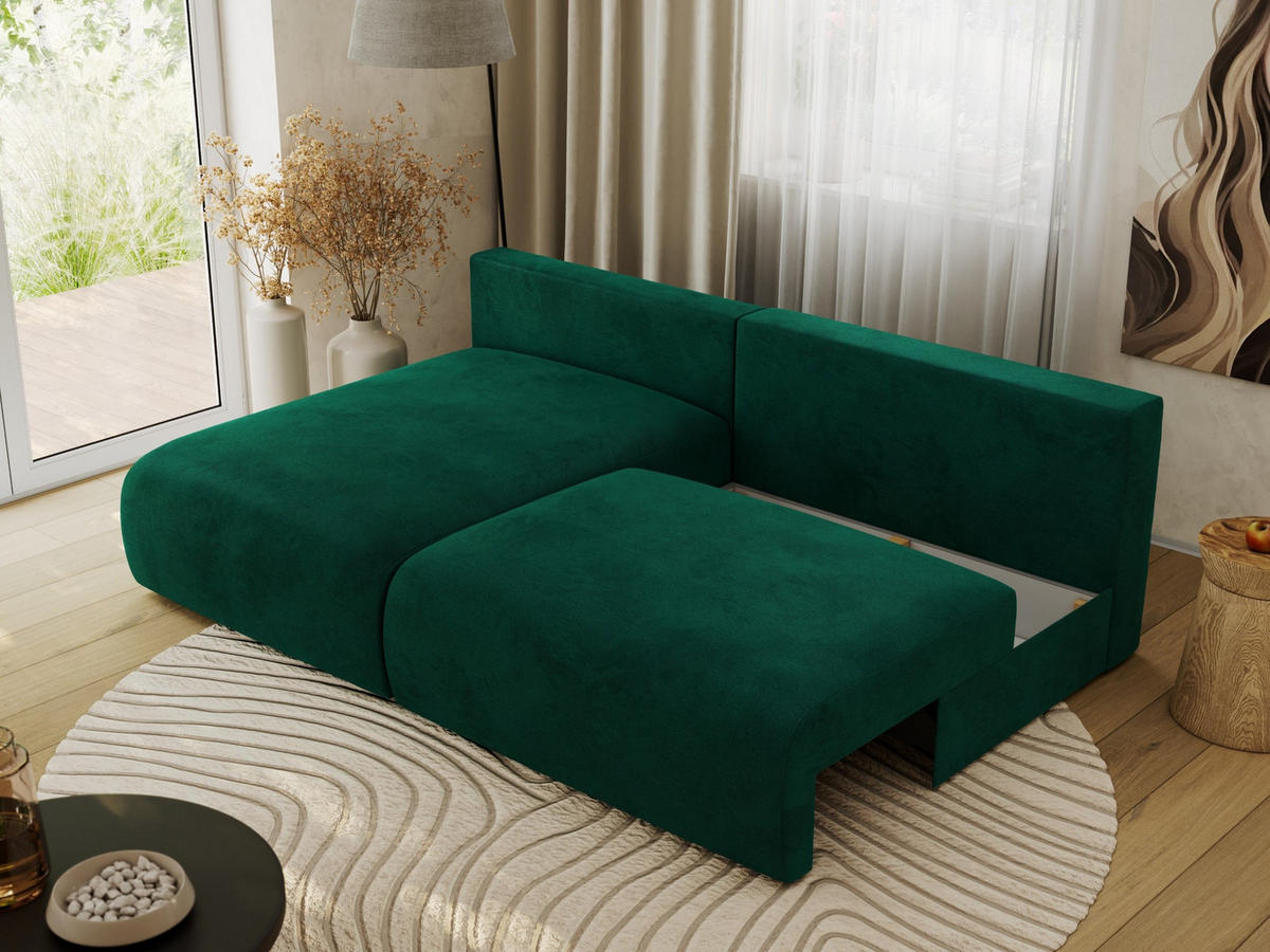 ECKSCHLAFSOFA VIVO L Dunkelgrün Velvet - links - Dunkelgrün/Schwarz, Kunststoff/Textil (223/150cm) - MKS