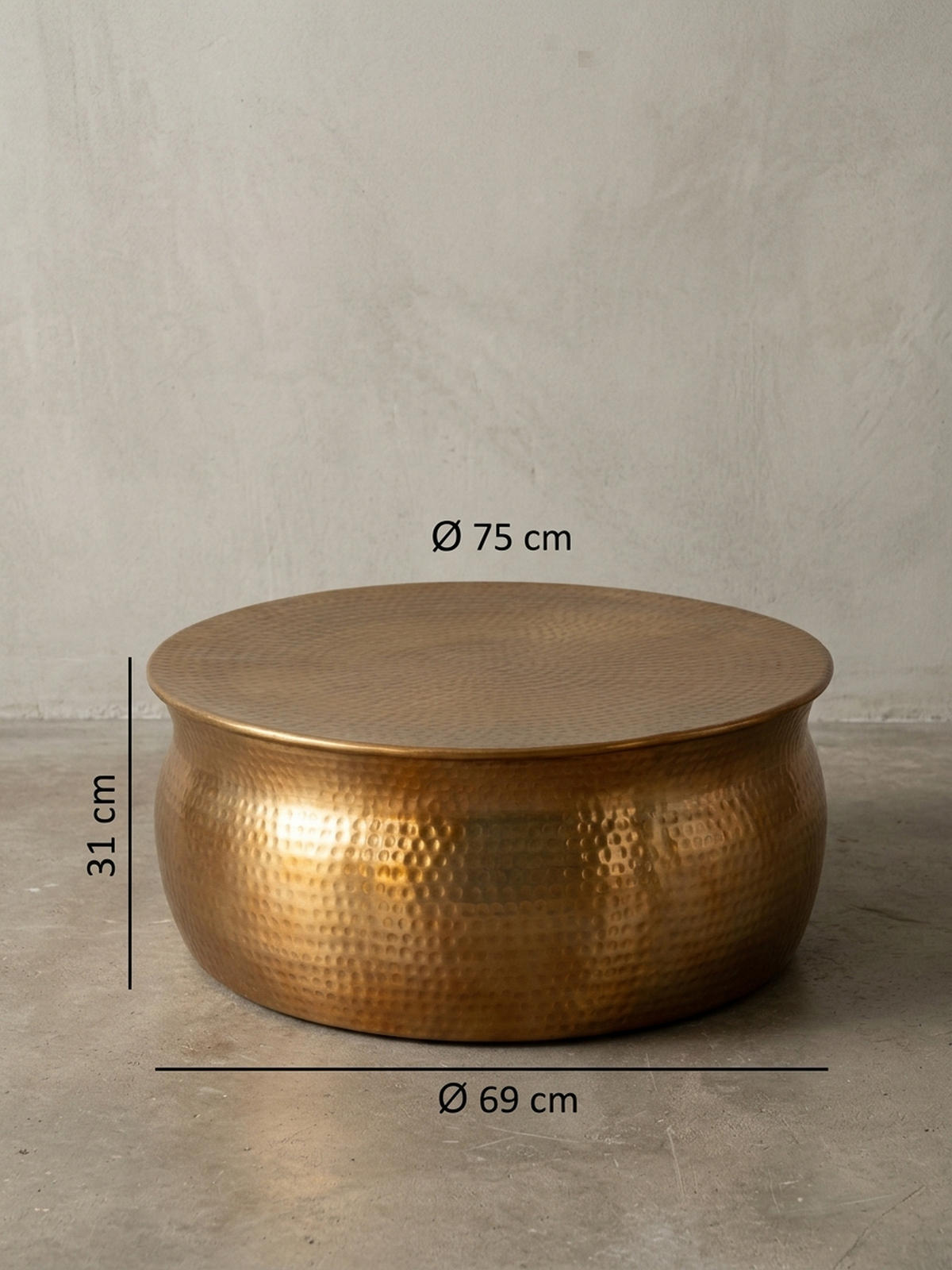 COUCHTISCH Orient Handgefertigt Hammerschlag-Aluminium Großzügige Ablagefläche, Gold 75x75x31 cm - Goldfarben, Metall (75/75/31cm) - KADIMA DESIGN