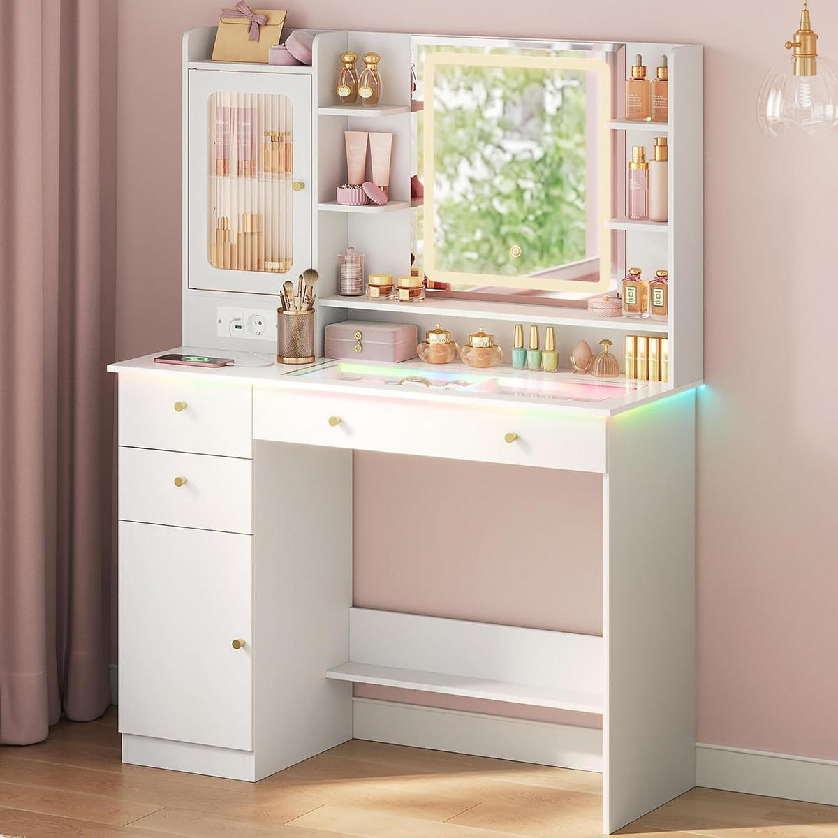 SCHMINKTISCH mit RGB- und LED-Beleuchtung Weiß - Weiß, Glas/Holzwerkstoff (104/136/40cm) - Woltu