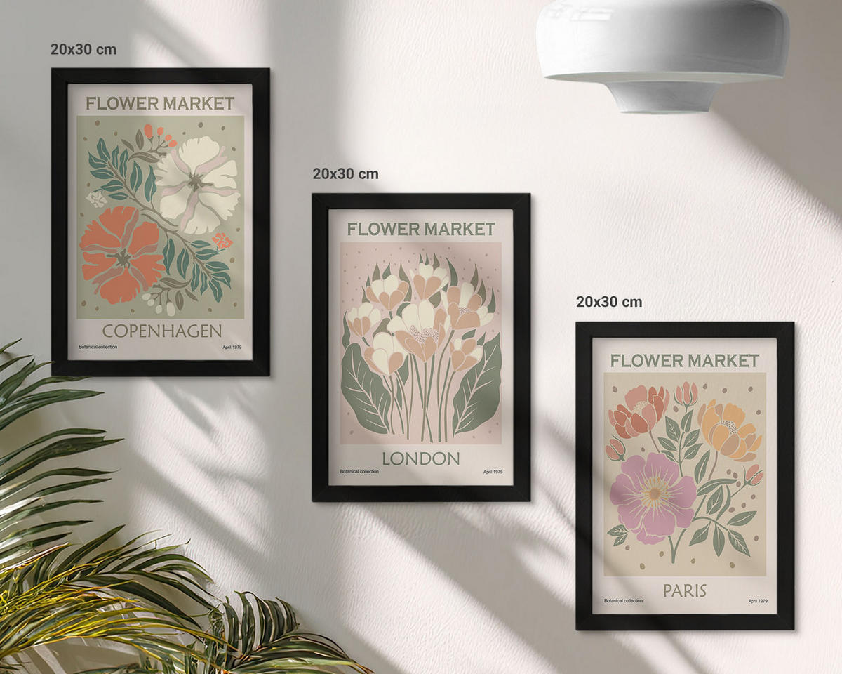 BILDER SET 3er Set - 20x30 cm Schwarzer Rahmen - Blumenposter Kopenhagen London Paris - Schwarz, Kunststoff (20/30cm) - TULUP