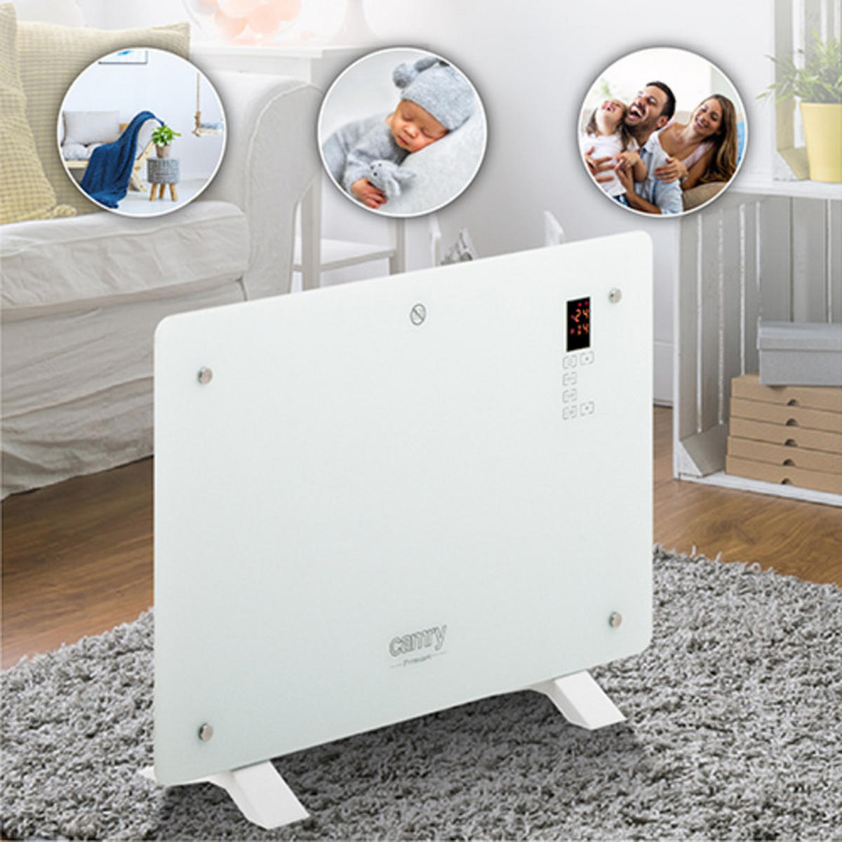 KONVEKTOR CR7721, Elektroheizung, Heizgerät, Schnellheizer, Thermostat, Standheizung, Glasheizung, Raumheizer, mobile Heizung, energiesparend, leise - Weiß, Glas (60/69/10cm) - camry