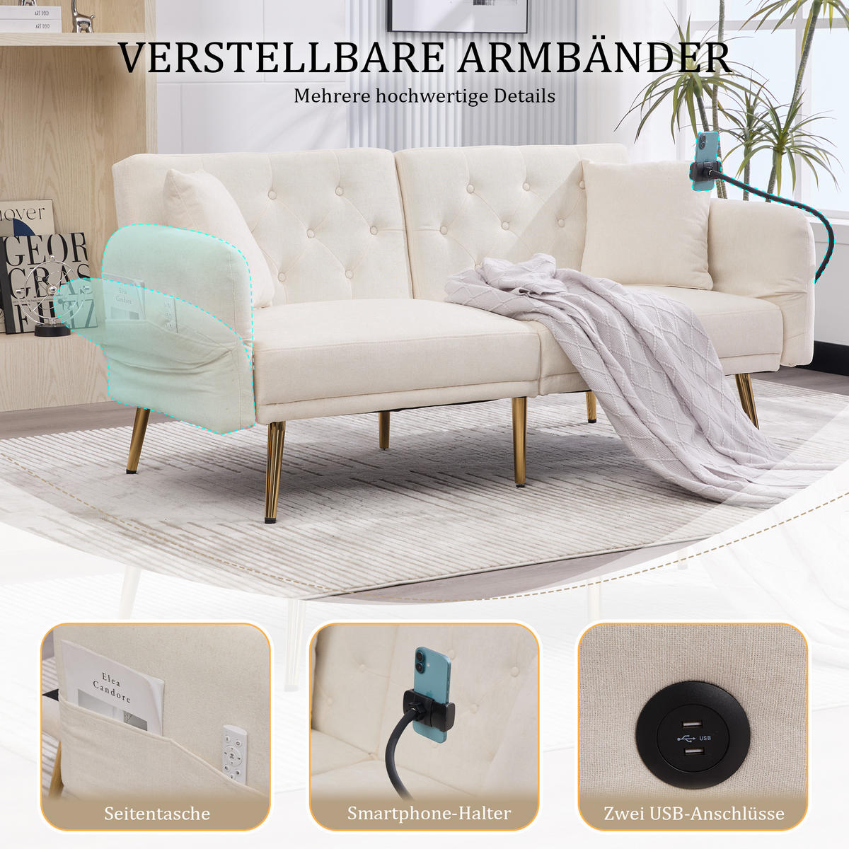 SCHLAFSOFA 2-Sitzer Chenille mit 3-fach verstellbarer Rückenlehne und USB-Anschluss Beige 173/78/78 cm - Beige, Textil (78/78/173cm)