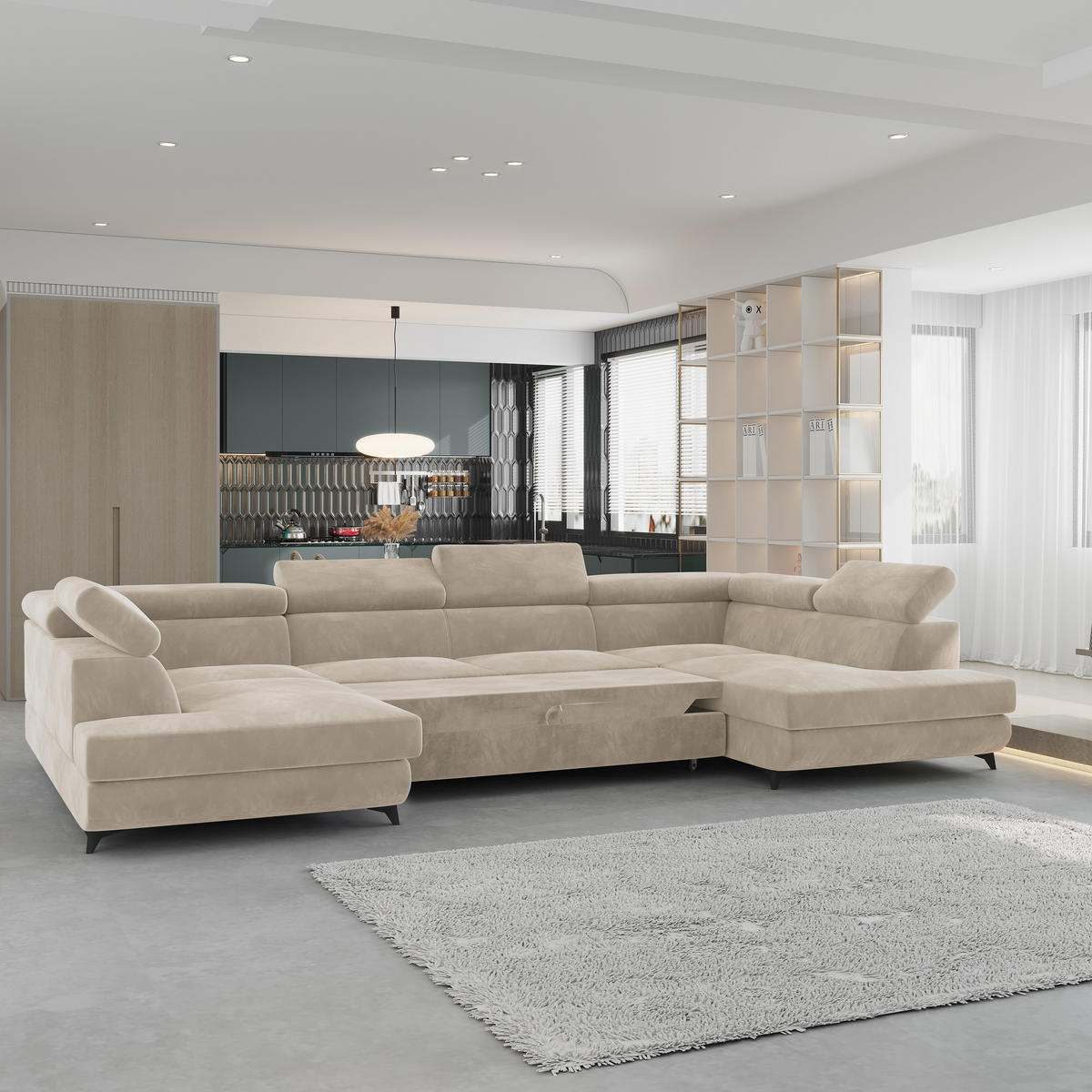 WOHNLANDSCHAFT VINTESSA Creme Velours-Stoff mit Schlaffunktion - Creme, Holz (323/89/190cm) - MASSENO